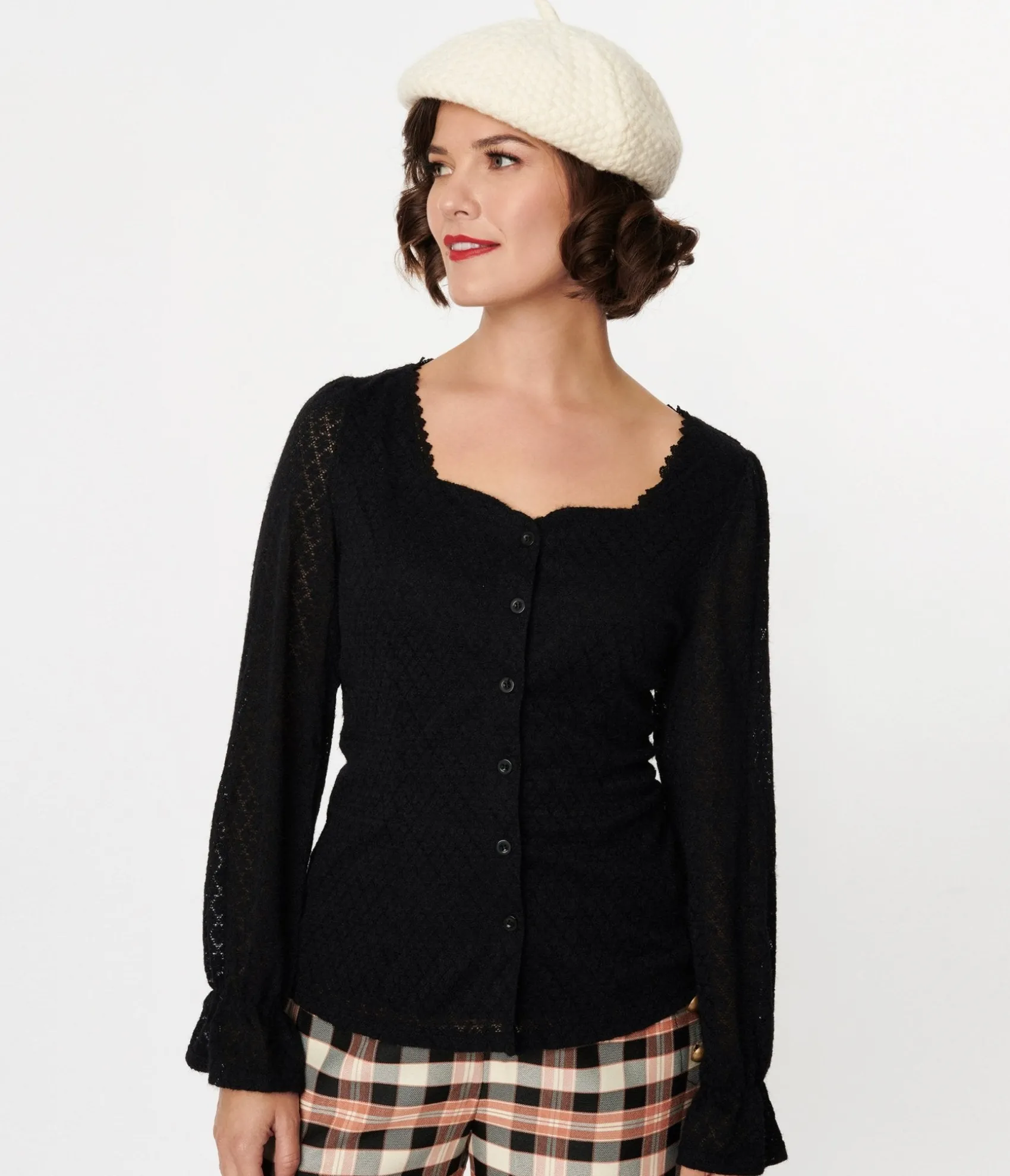 Unique Vintage Black Perforated Diamond Knit Cardigan Fashion