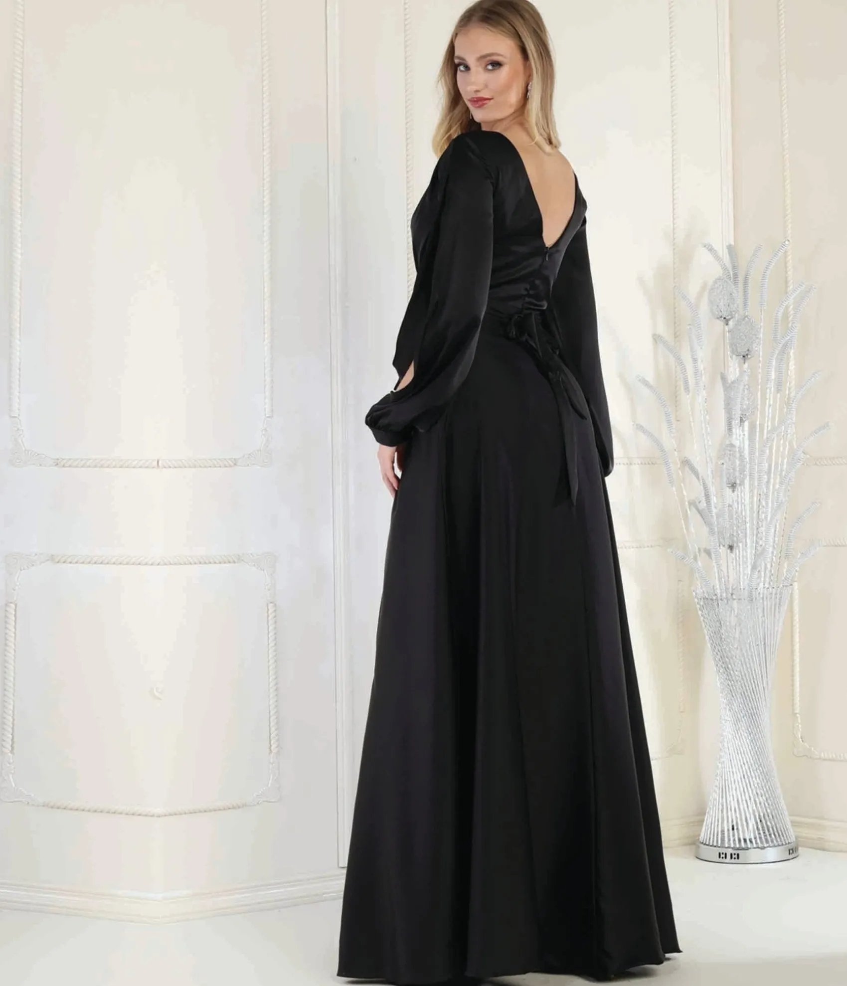 Unique Vintage Black Satin Long Sleeve Goddess Gown Cheap