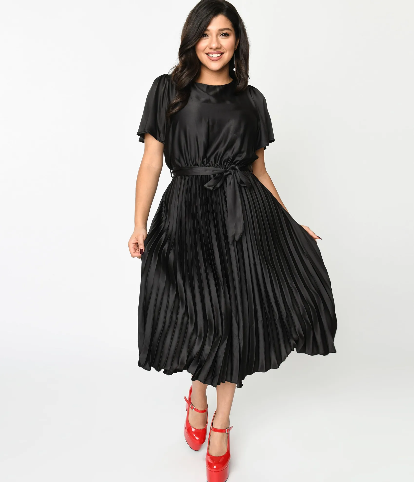 Unique Vintage Black Satin Pleated Midi Dress Sale