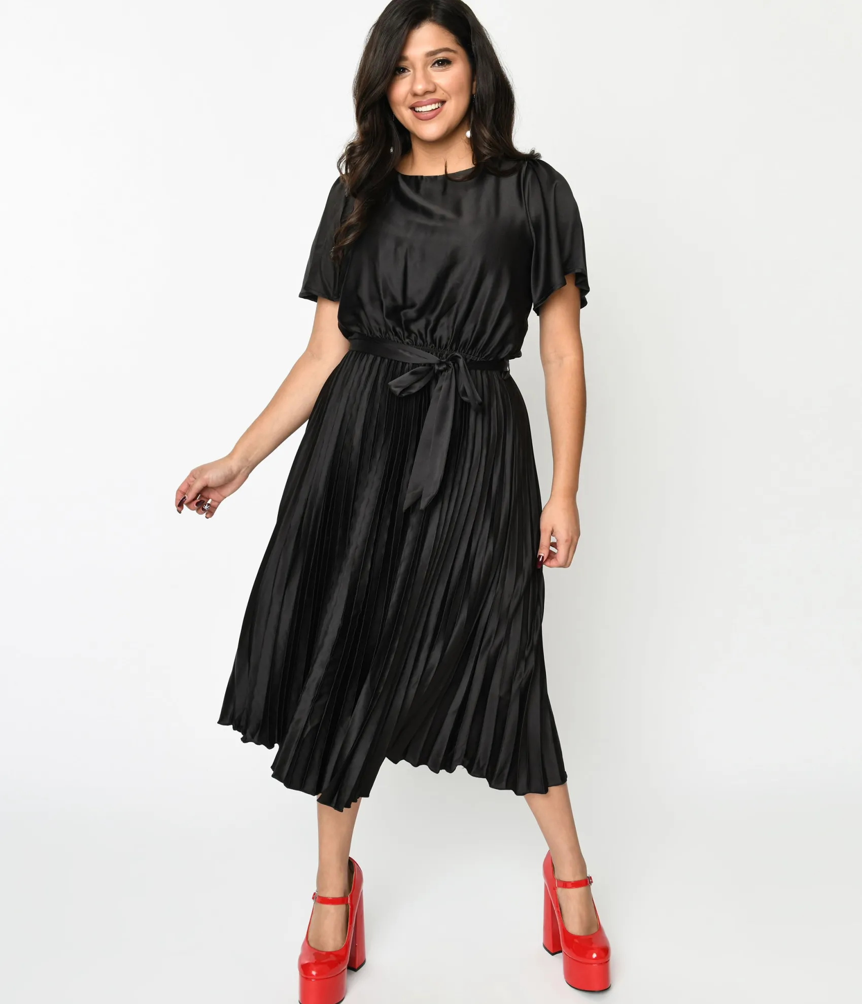 Unique Vintage Black Satin Pleated Midi Dress Sale