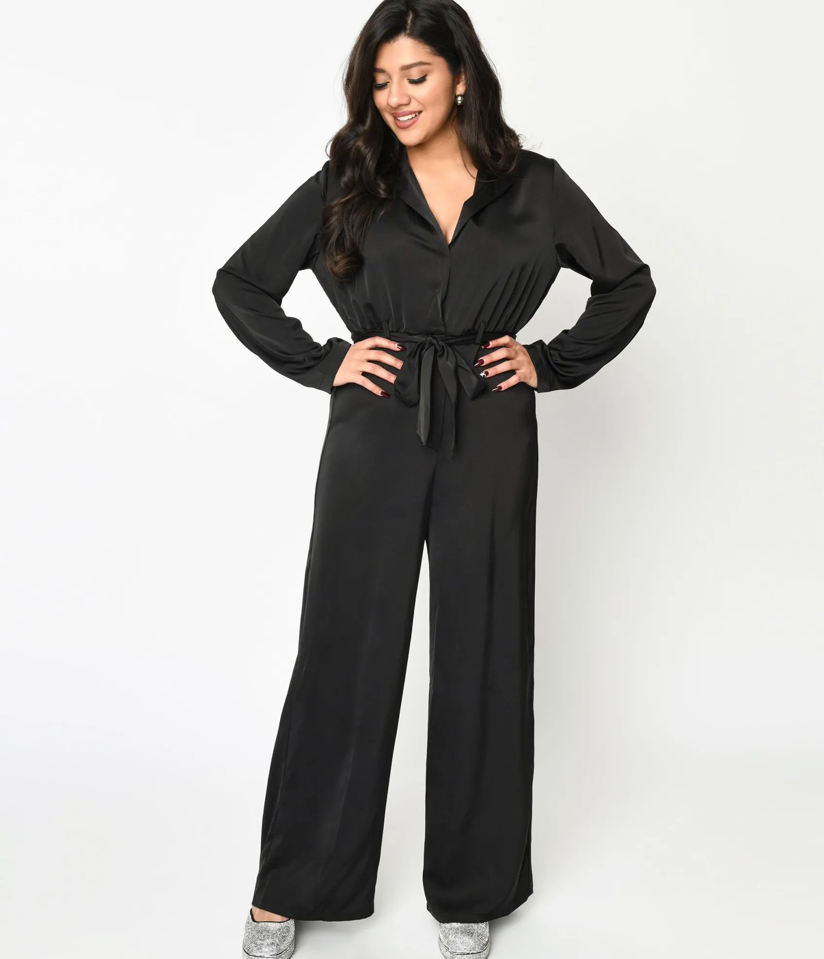 Unique Vintage Black Satin Tie Waist Jumpsuit Fashion