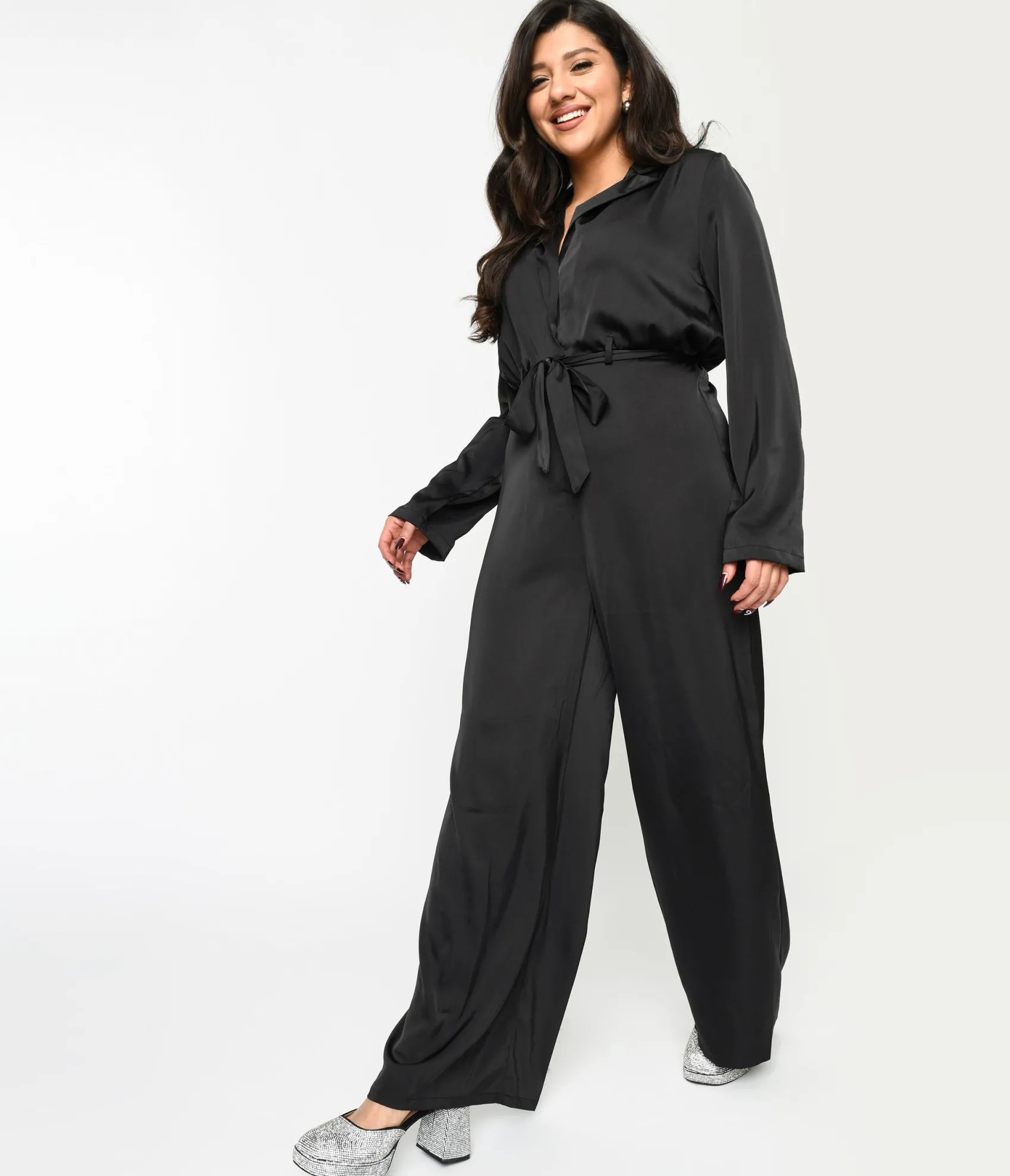 Unique Vintage Black Satin Tie Waist Jumpsuit Fashion