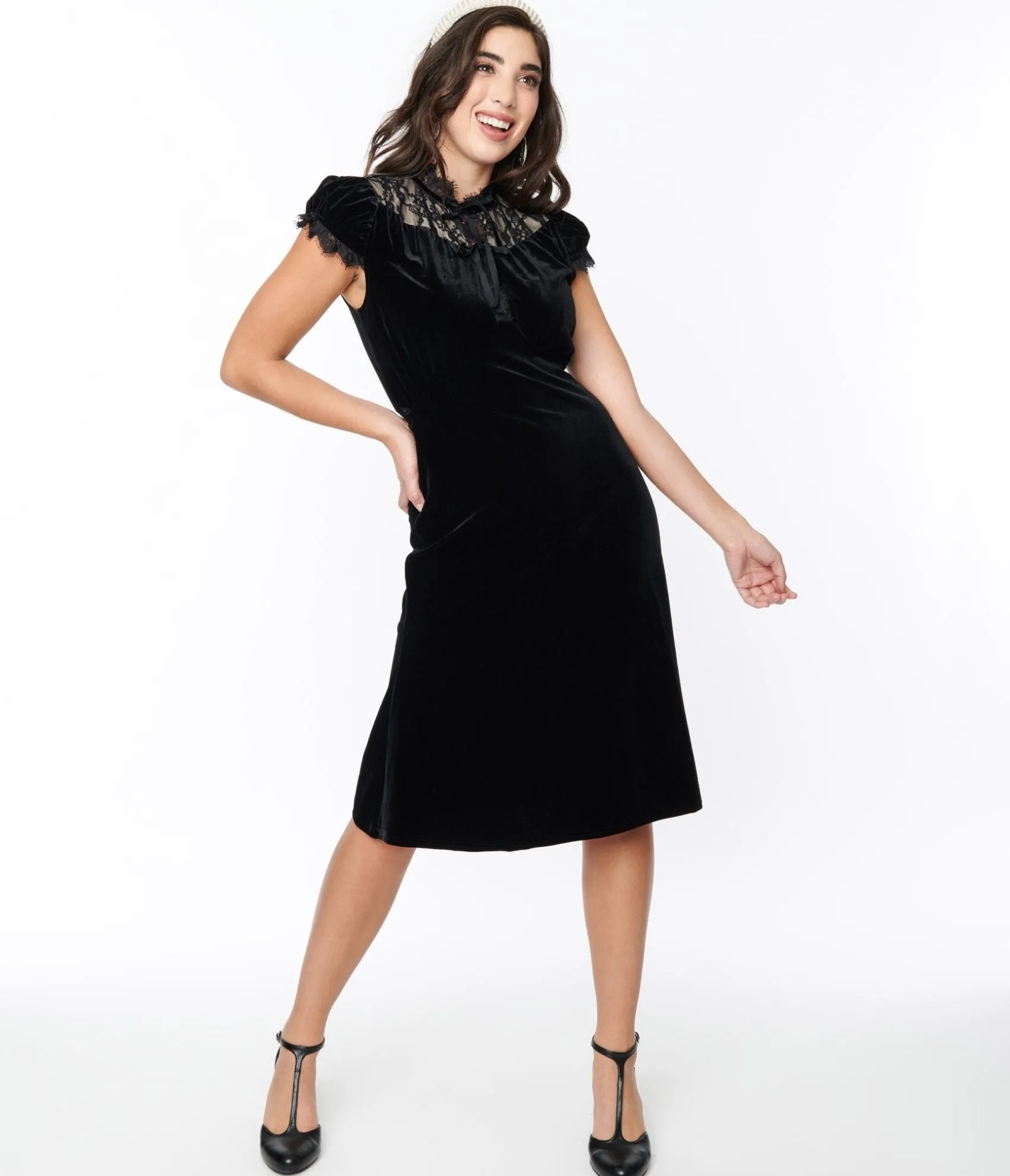 Unique Vintage Black Velvet Lace Midi Shift Dress Cheap