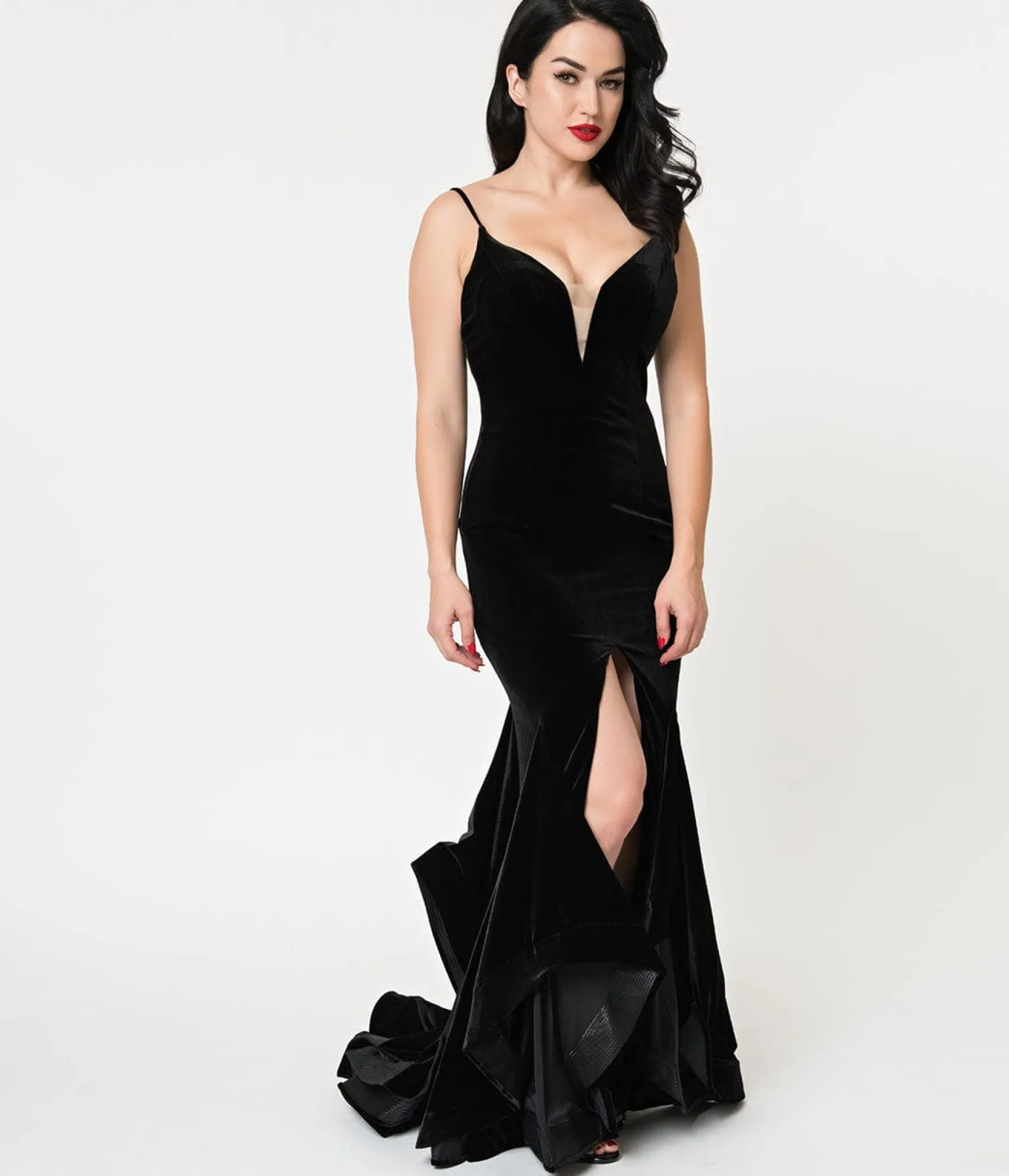 Unique Vintage Black Velvet Ruffled Mermaid Sexy Long Dress Cheap