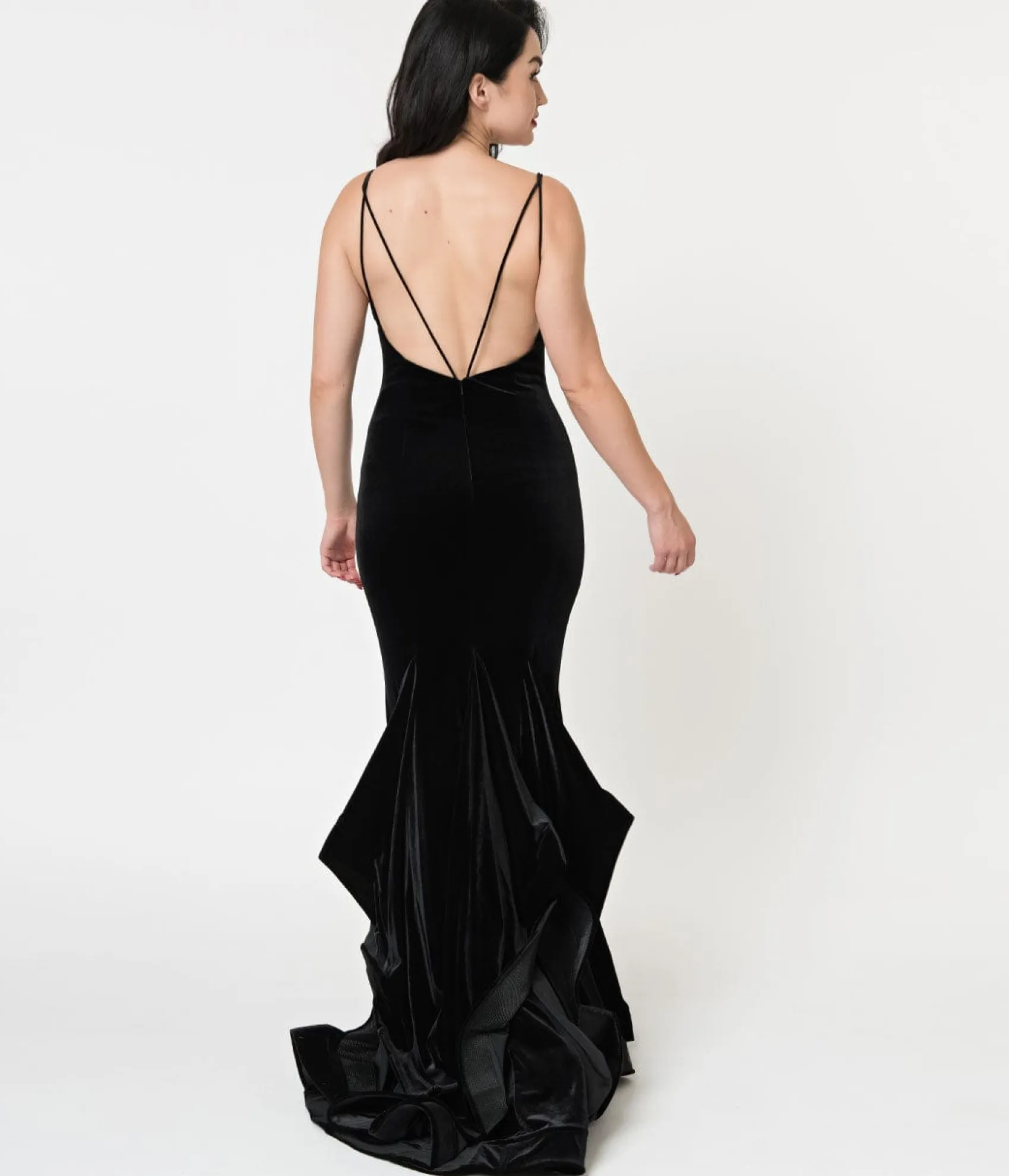 Unique Vintage Black Velvet Ruffled Mermaid Sexy Long Dress Cheap