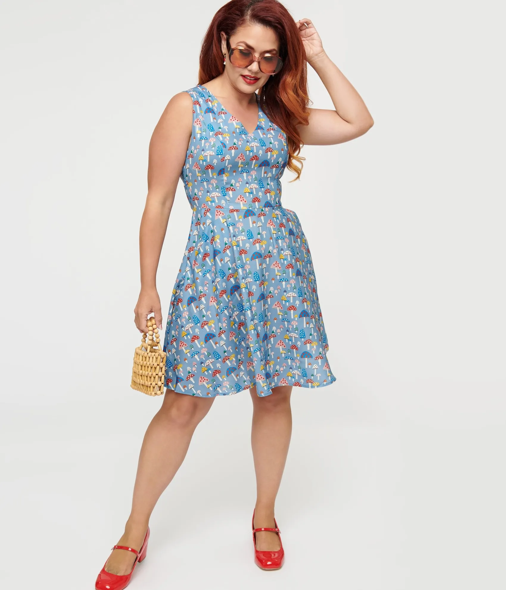 Unique Vintage Blue Mushroom Fit & Flare Dress Cheap