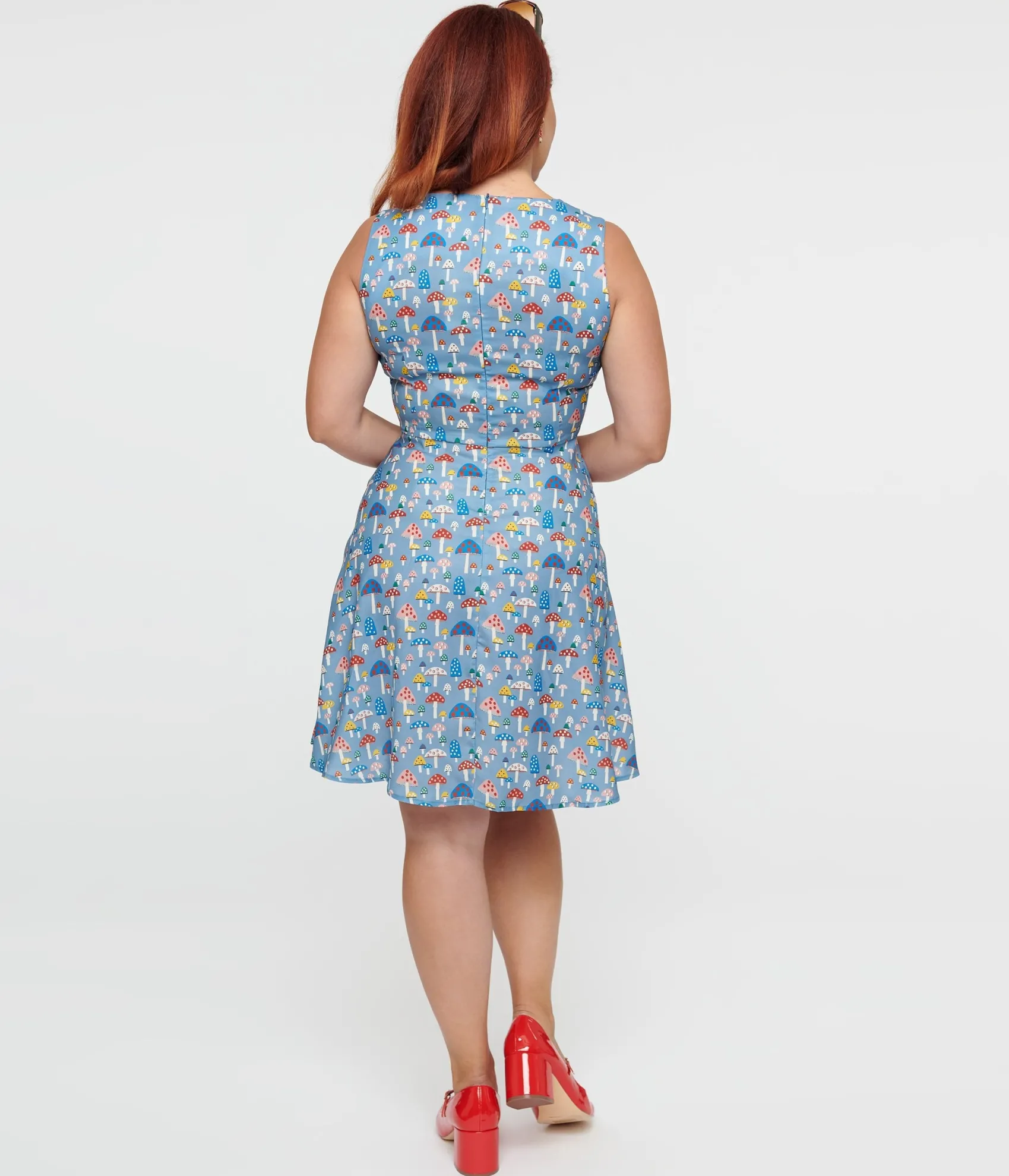 Unique Vintage Blue Mushroom Fit & Flare Dress Cheap
