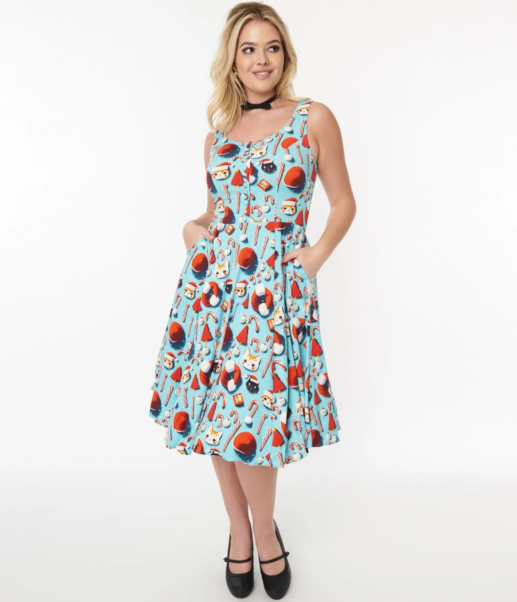 Unique Vintage Blue Santa Kitty Print Swing Dress Shop