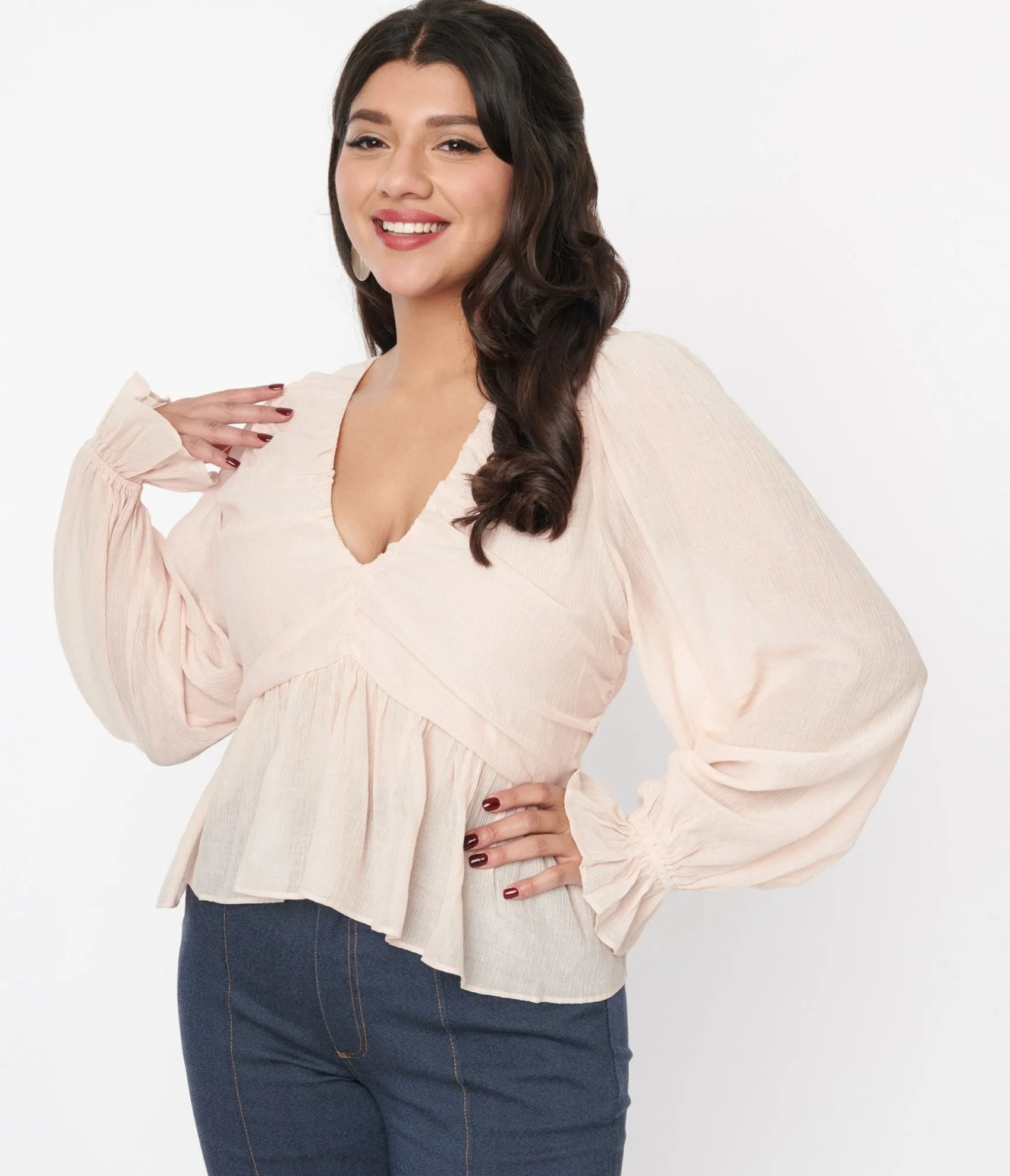 Unique Vintage Blush Chiffon Long Sleeve Blouse Flash Sale