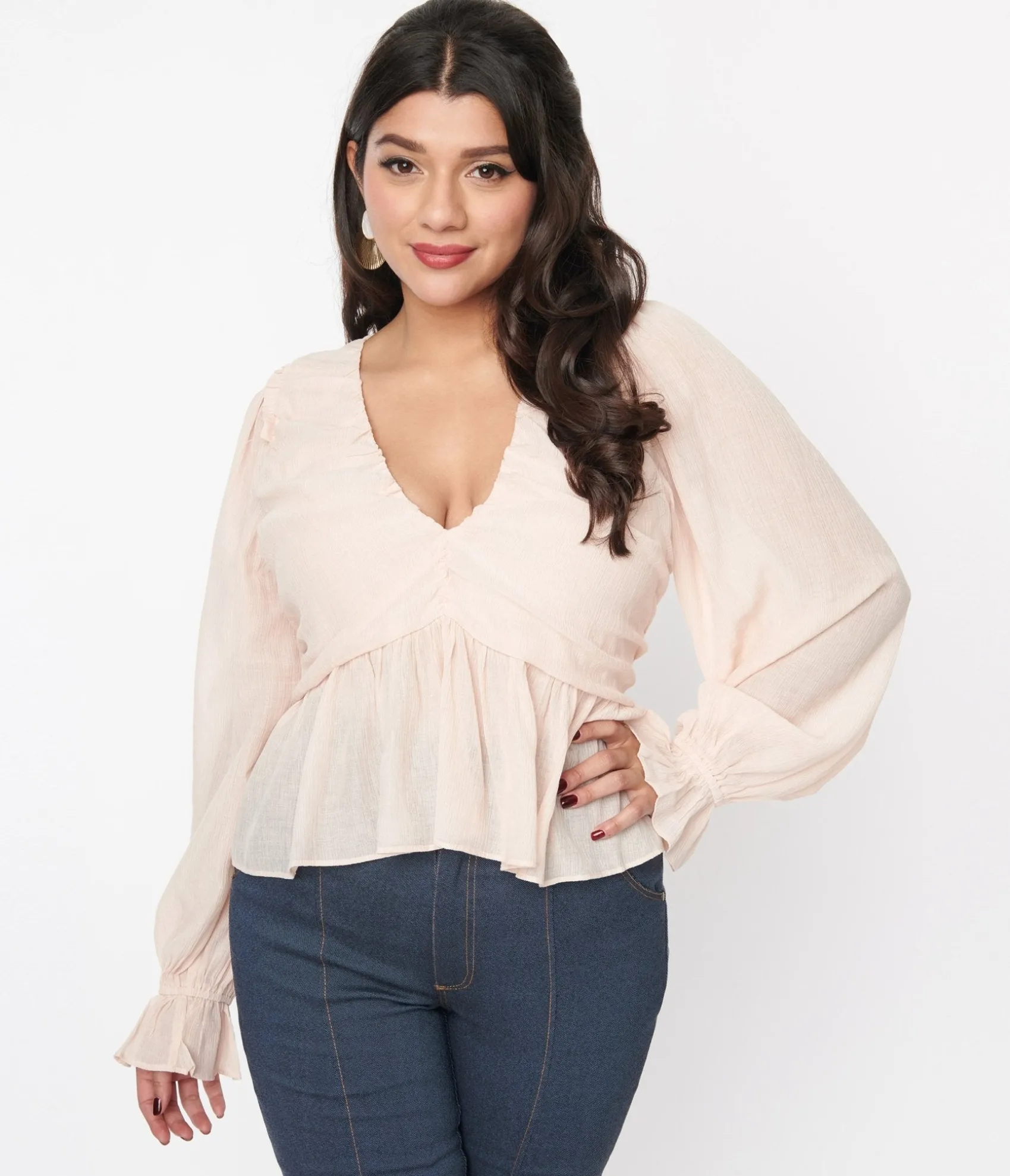 Unique Vintage Blush Chiffon Long Sleeve Blouse Flash Sale