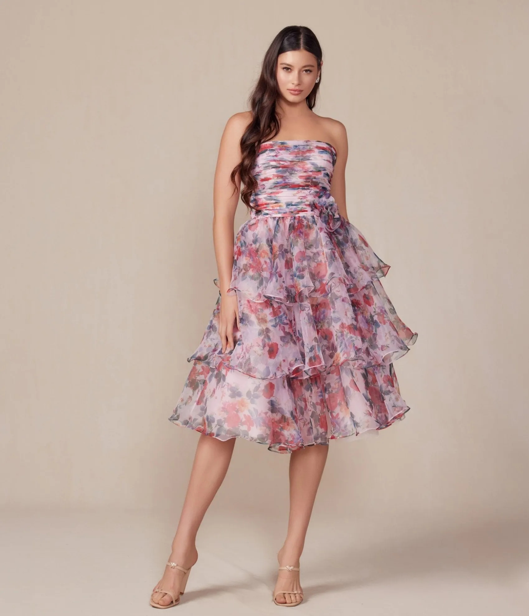 Unique Vintage Blush Floral Print Short A-Line Strapless Prom Dress Sale