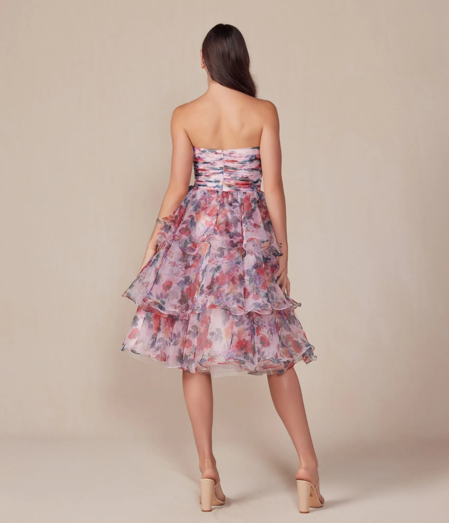 Unique Vintage Blush Floral Print Short A-Line Strapless Prom Dress Sale