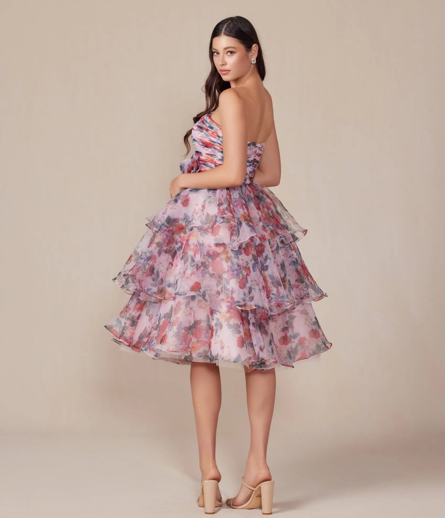 Unique Vintage Blush Floral Print Short A-Line Strapless Prom Dress Sale