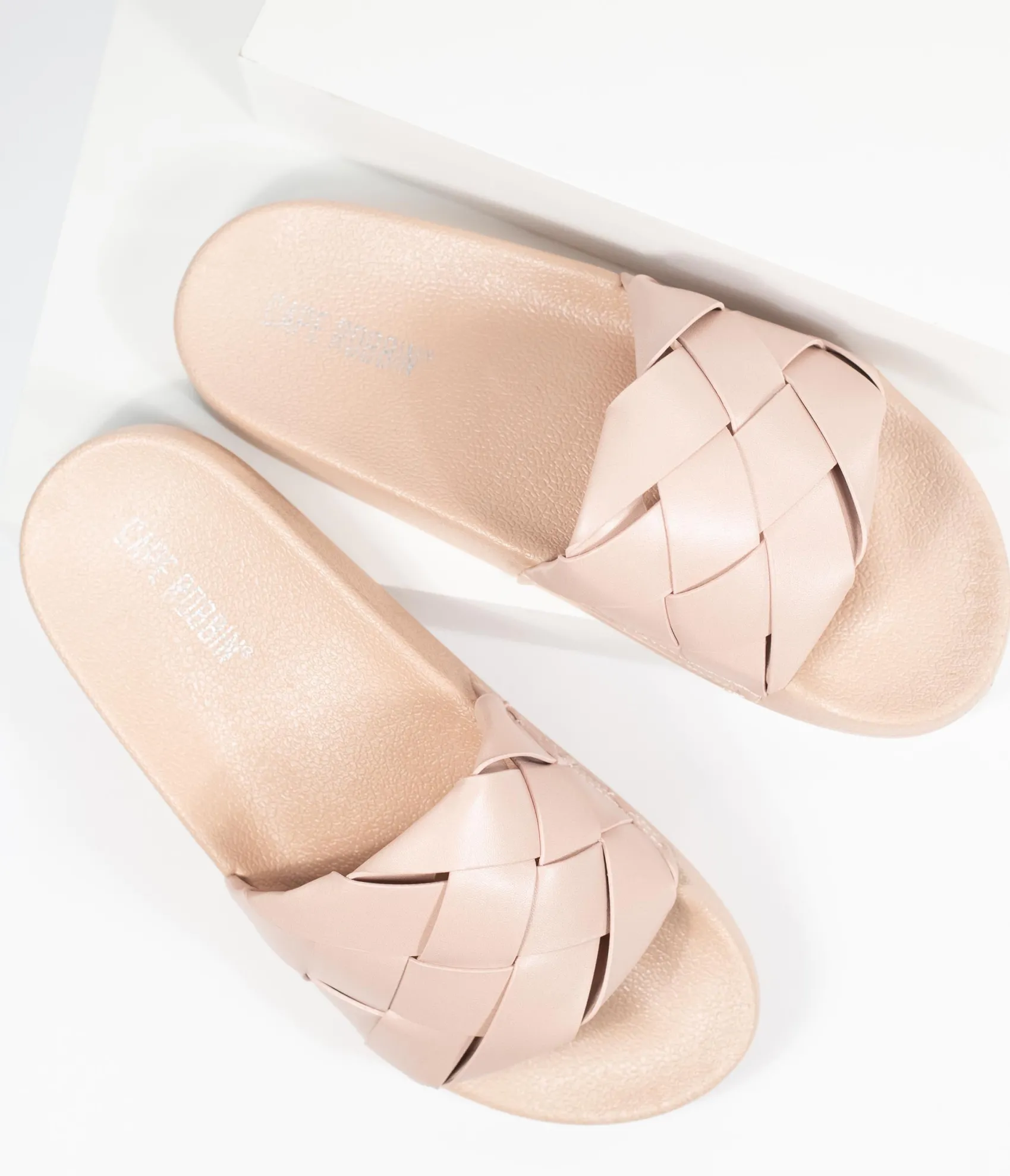 Unique Vintage Blush Pink Leatherette Woven Slide Sandals Sale