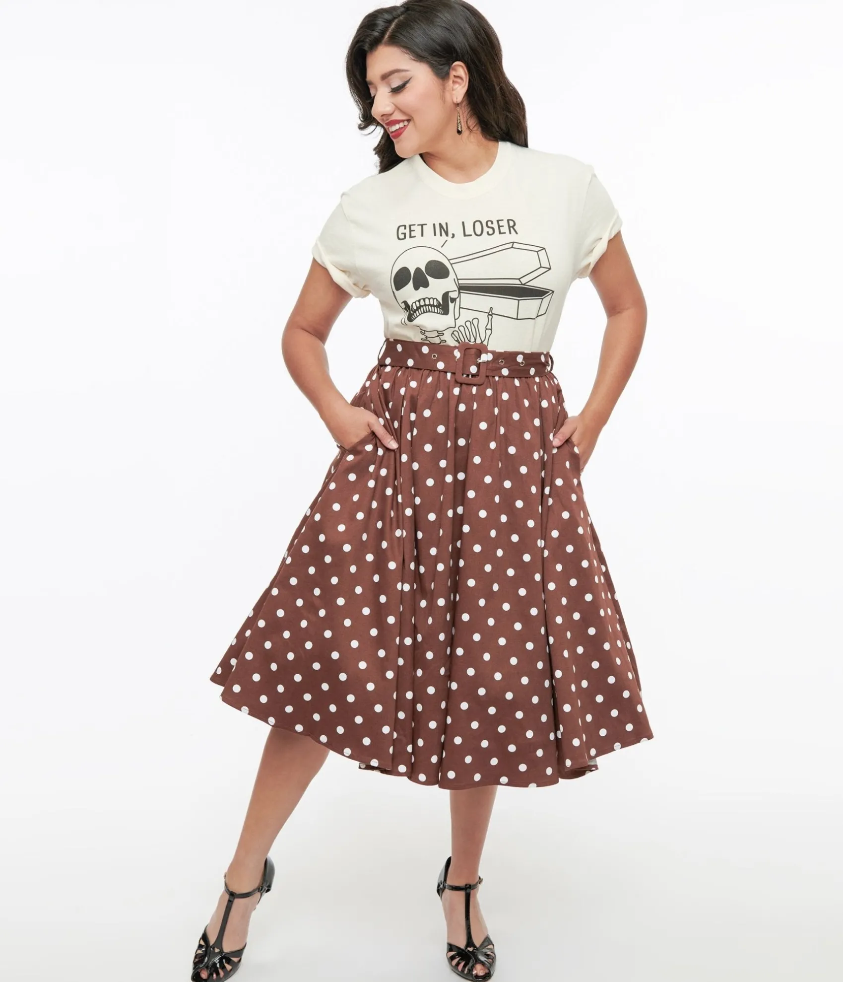 Unique Vintage Brown & White Polka Dot Paula Swing Skirt Shop