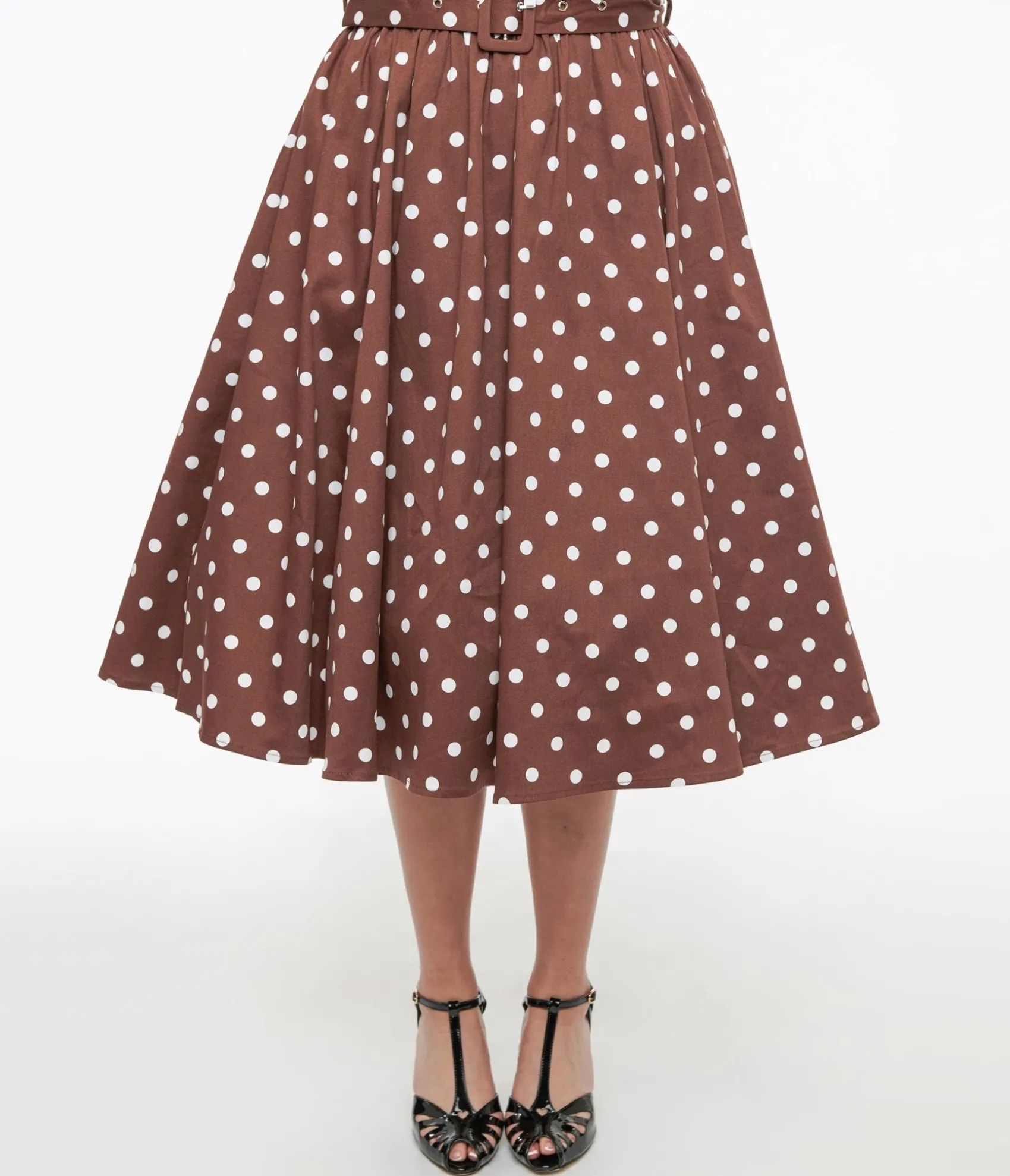 Unique Vintage Brown & White Polka Dot Paula Swing Skirt Shop