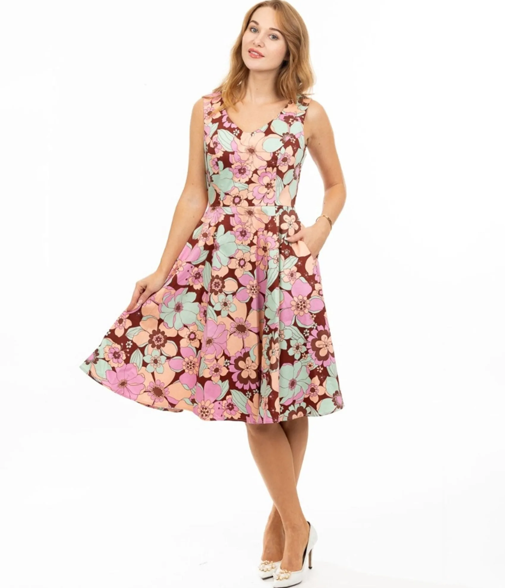 Unique Vintage Burgundy & Pastel Florals Swing Dress Outlet