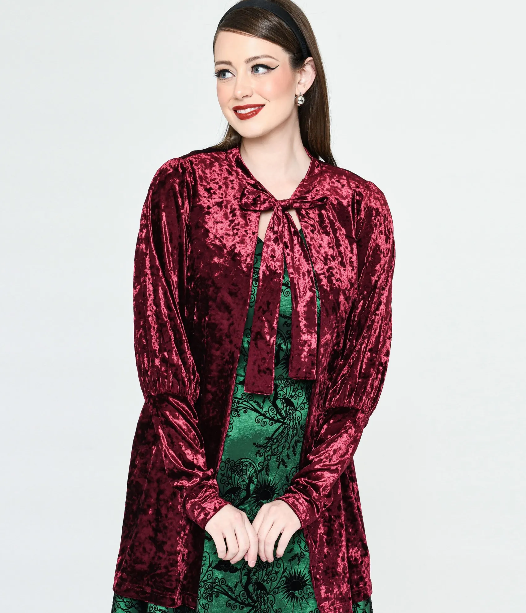 Unique Vintage Burgundy Crushed Velvet Hellfire Cardigan Sale