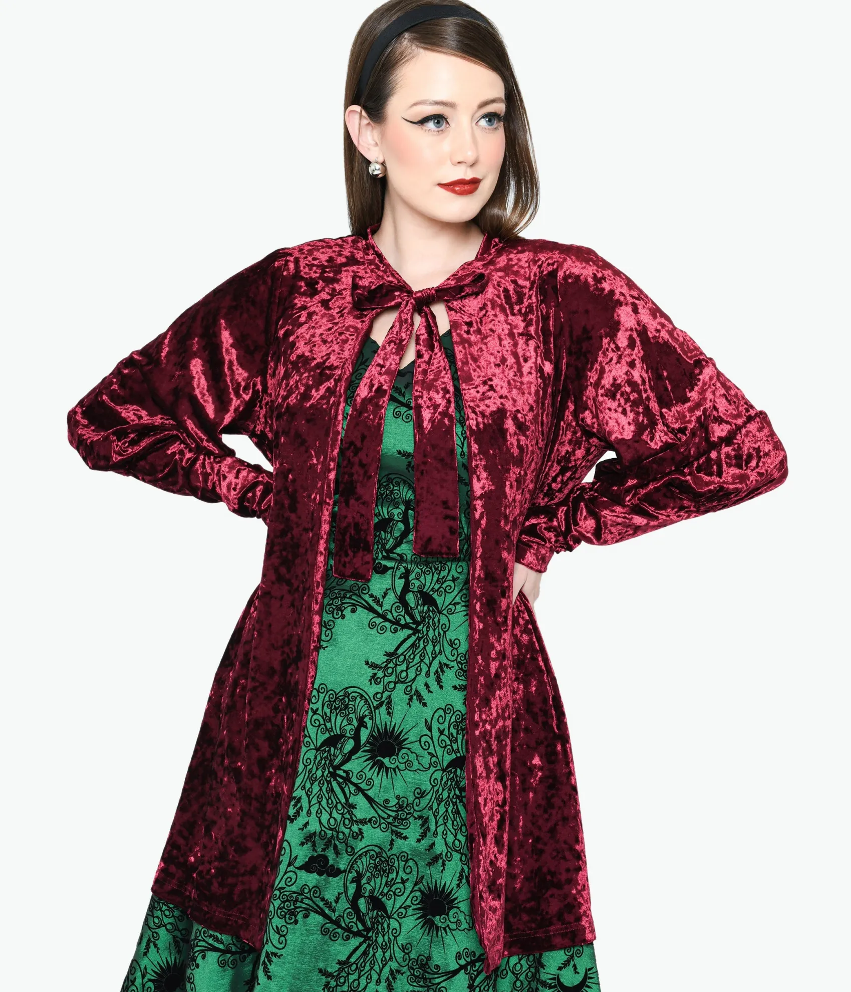 Unique Vintage Burgundy Crushed Velvet Hellfire Cardigan Sale