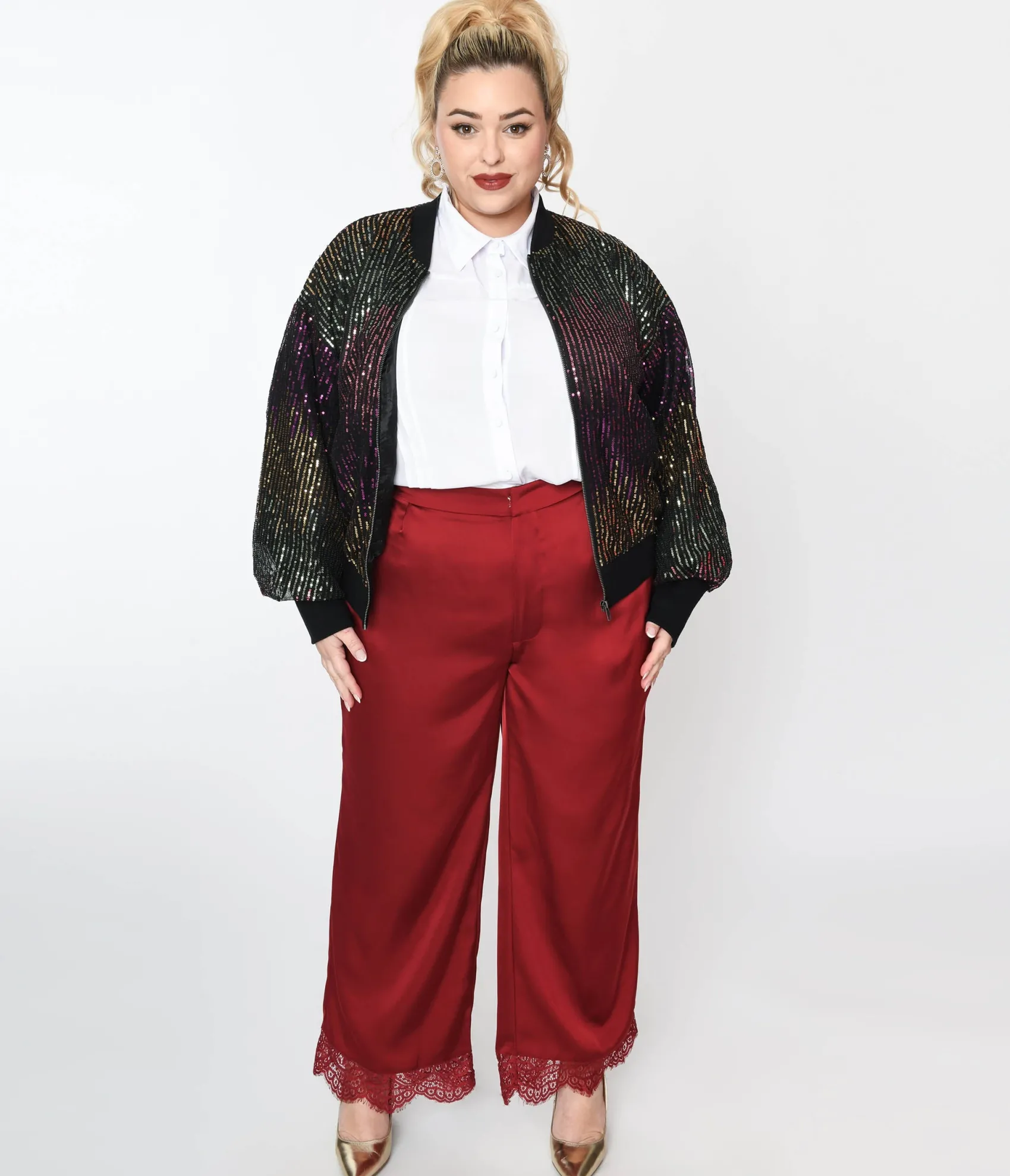 Unique Vintage Burgundy Satin & Lace Trim Mathilde Pants Outlet