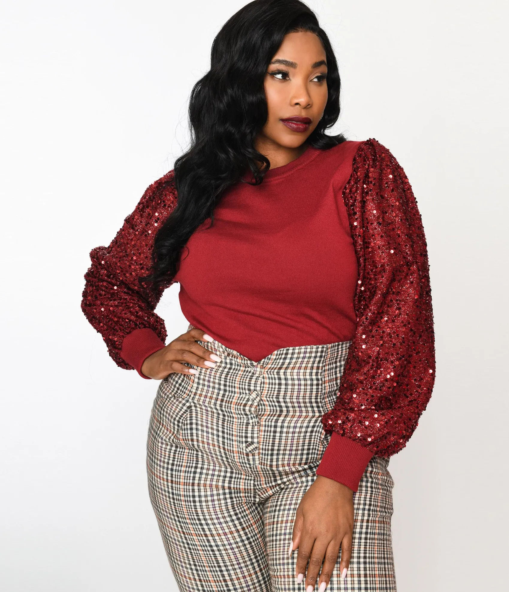 Unique Vintage Burgundy Sequin Sleeved Knit Top Cheap