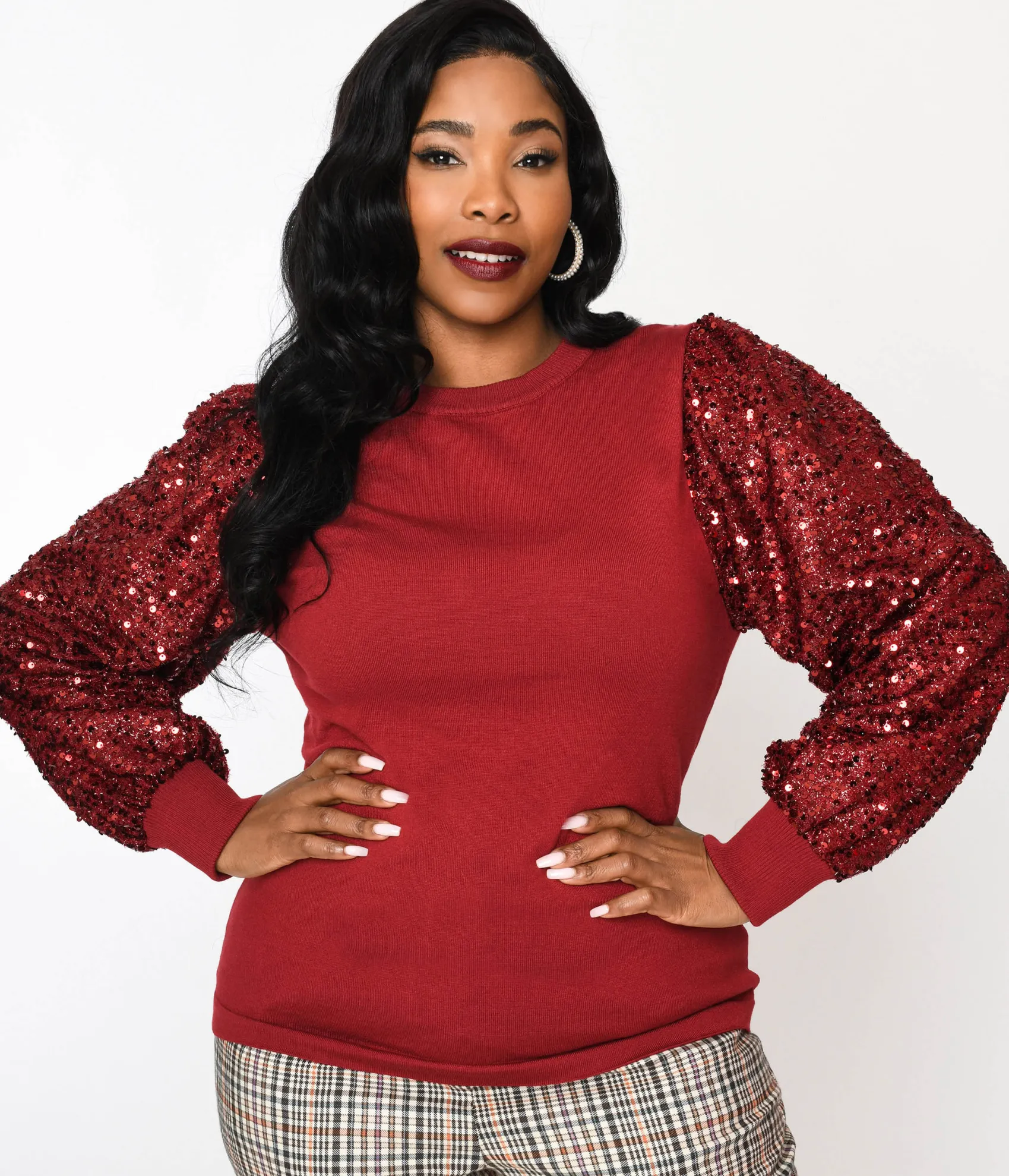 Unique Vintage Burgundy Sequin Sleeved Knit Top Cheap