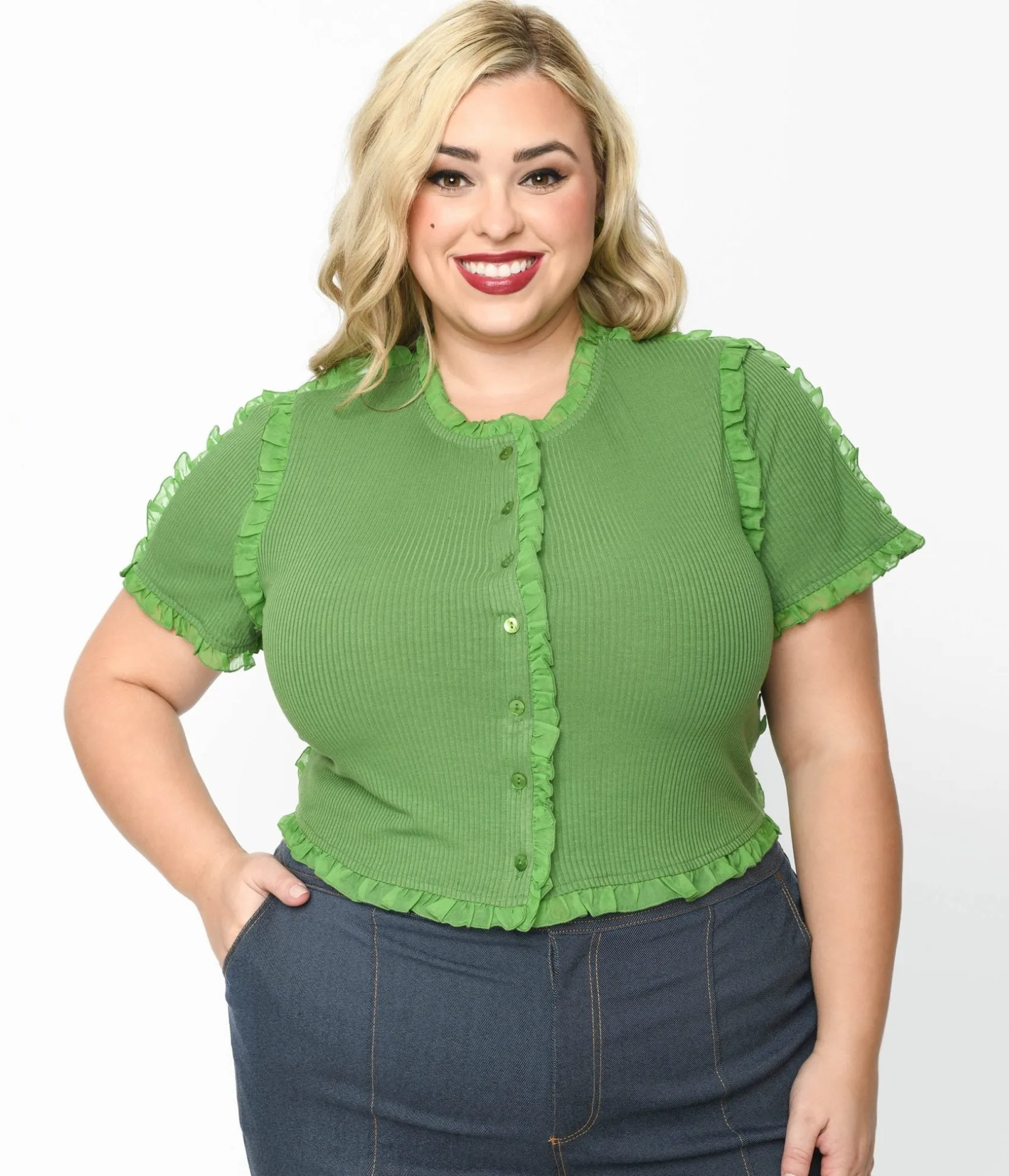 Unique Vintage Cactus Green Ruffle Edge Knit Top Flash Sale