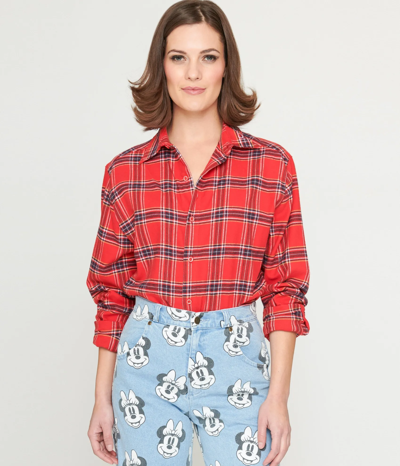 Unique Vintage Cakeworthy Minnie Mouse Bow Red Plaid Unisex Flannel Cheap