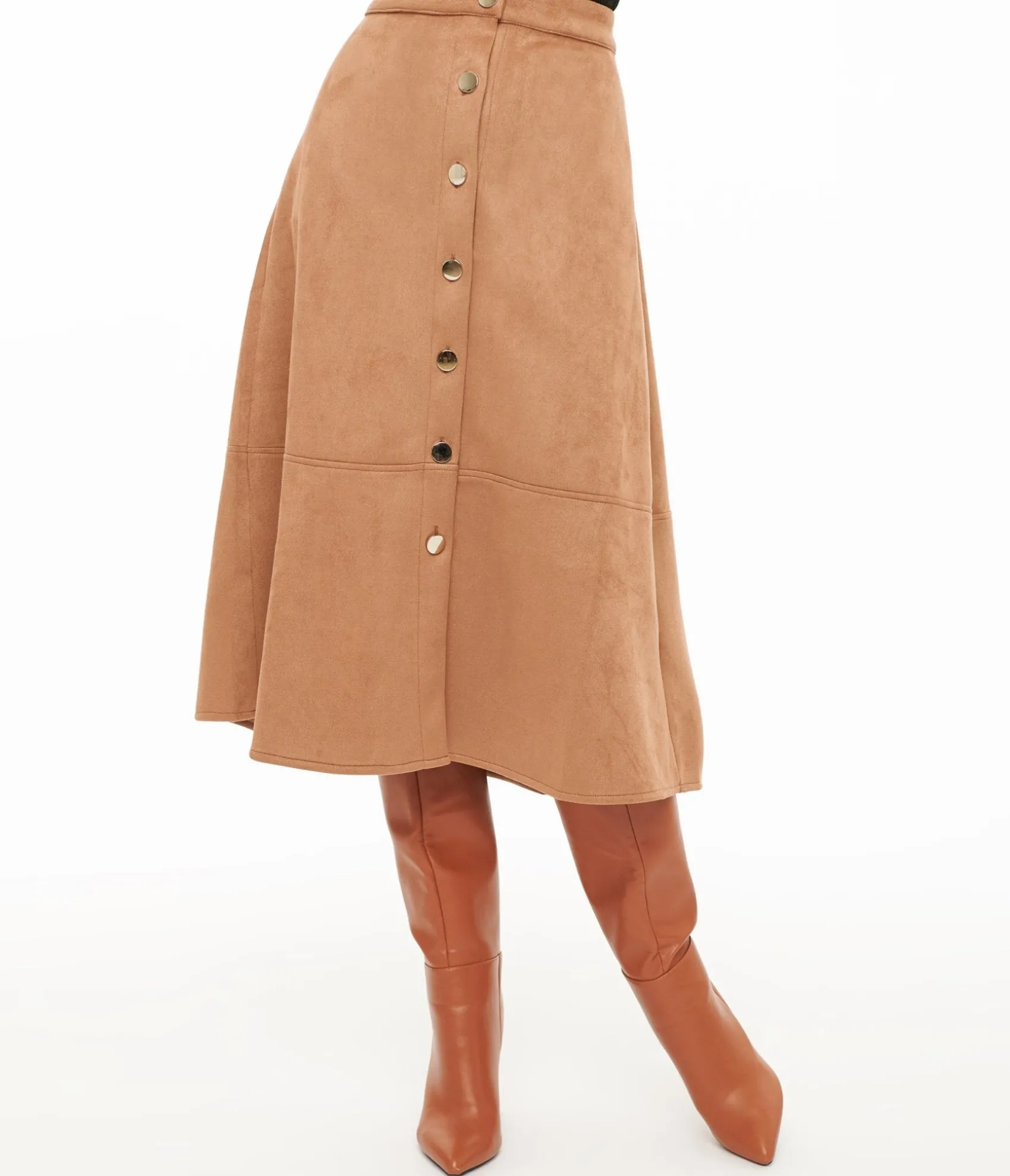 Unique Vintage Camel Suede Button Up Midi Skirt Flash Sale