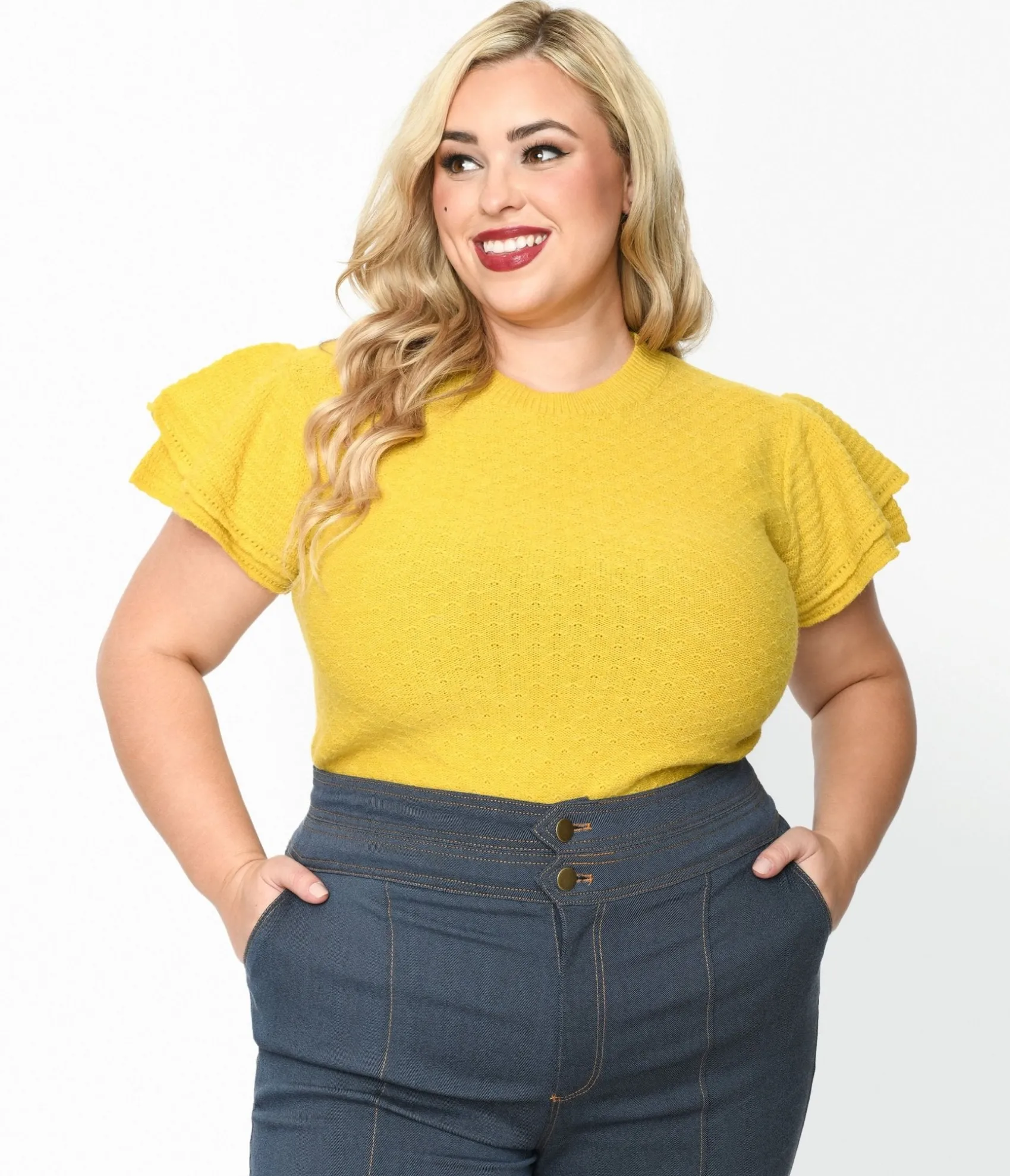 Unique Vintage Chartreuse Ruffle Sleeved Knit Top Online