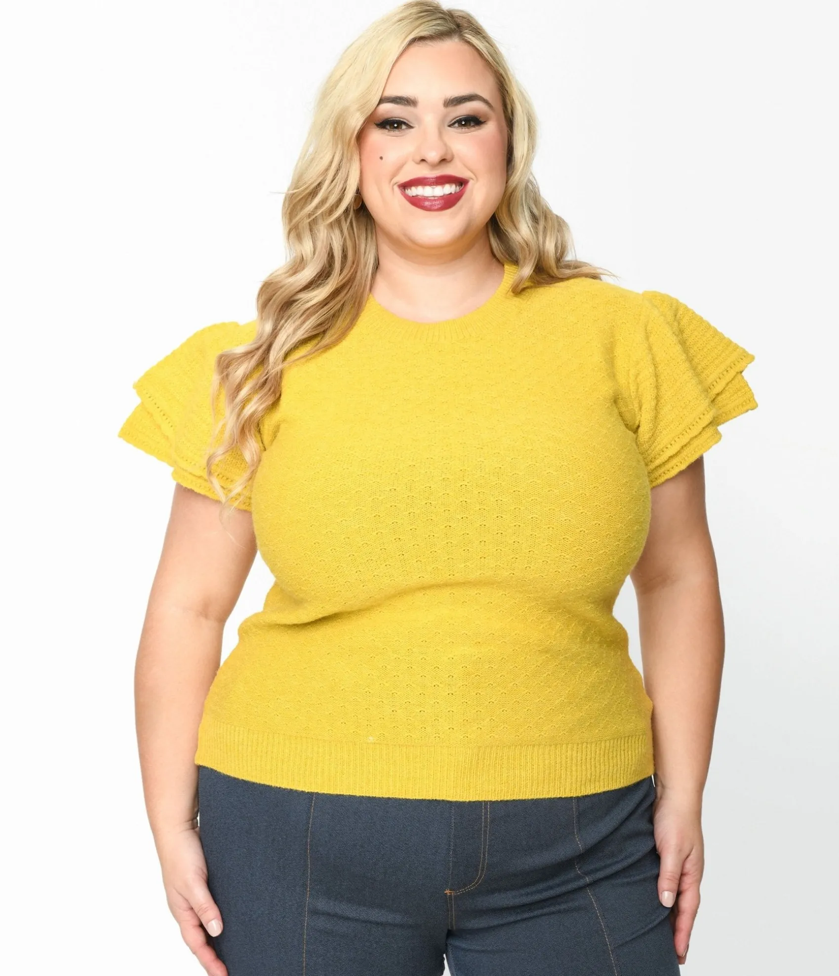 Unique Vintage Chartreuse Ruffle Sleeved Knit Top Online