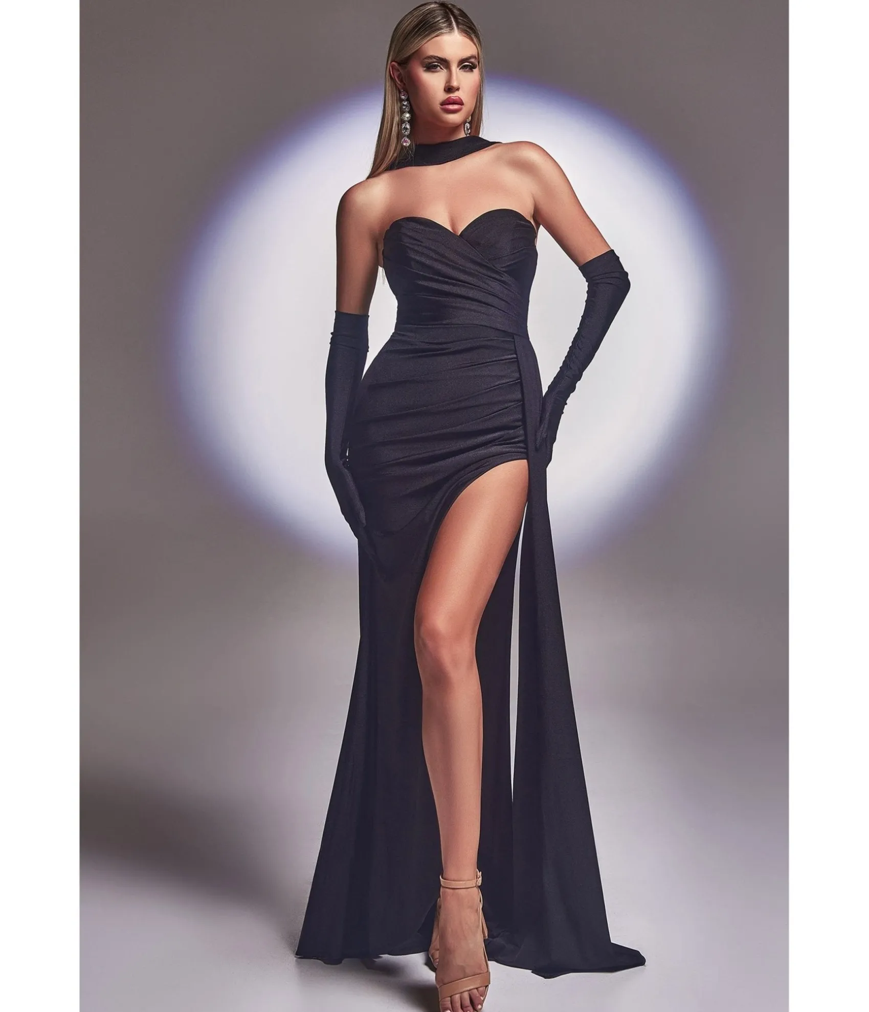 Unique Vintage Cinderella Divine Black Satin Strapless Halter Prom Gown with Gloves Discount