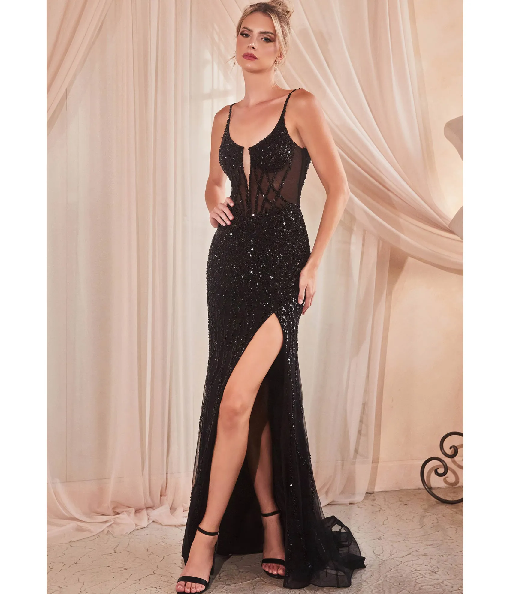 Unique Vintage Cinderella Divine Black Sequin Beaded High Slit Fitted Prom Gown Shop