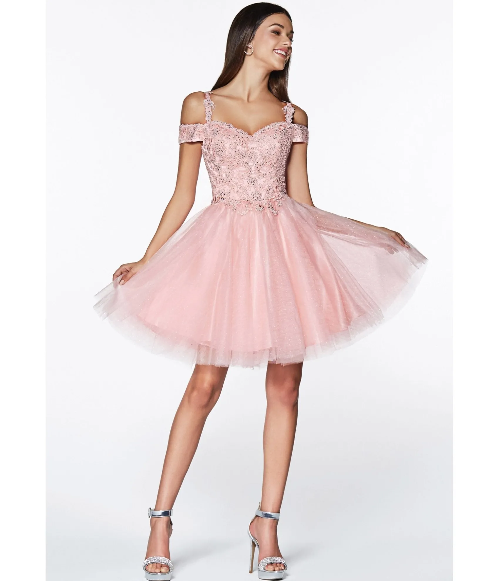 Unique Vintage Cinderella Divine Blush Glitter Tulle Cold Shoulder Homecoming Dress Hot