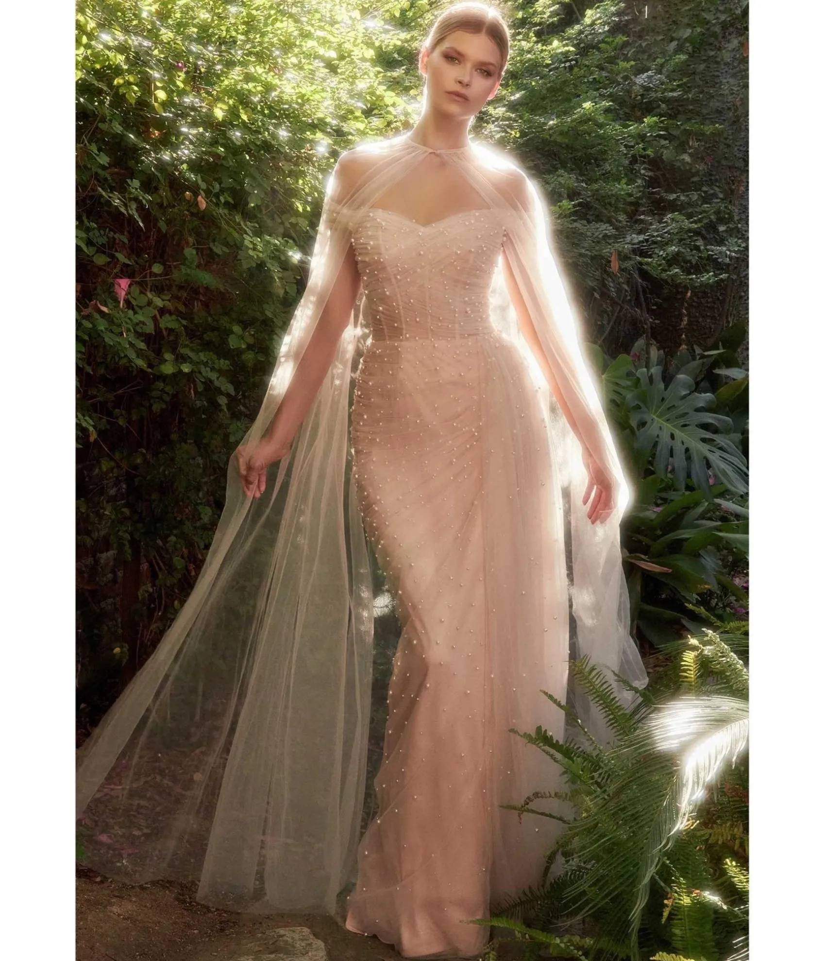 Unique Vintage Cinderella Divine Blush Pearl Pleated Tulle Fairytale Gown with Cape Fashion