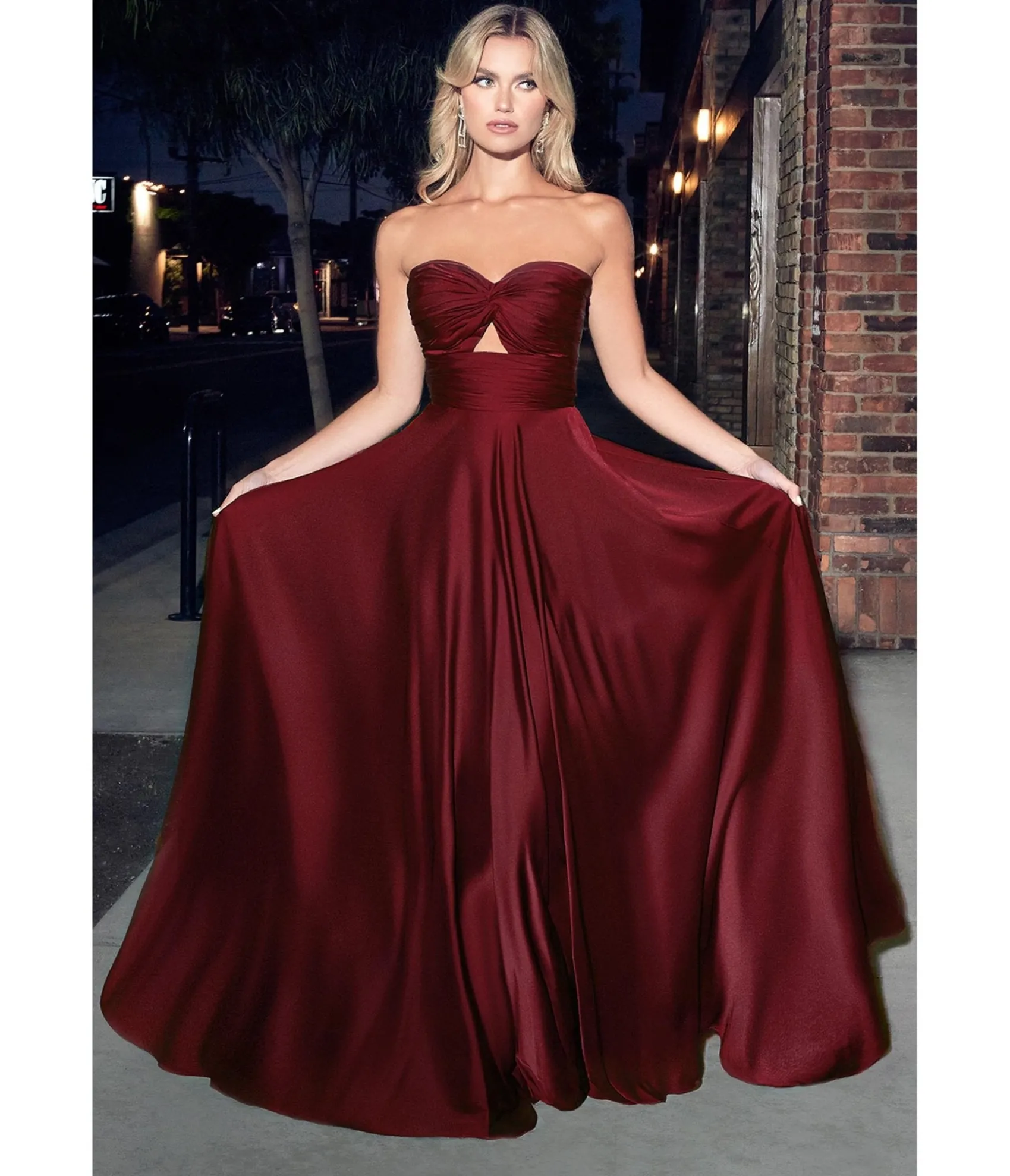 Unique Vintage Cinderella Divine Burgundy Satin Strapless Keyhole Evening Gown Store