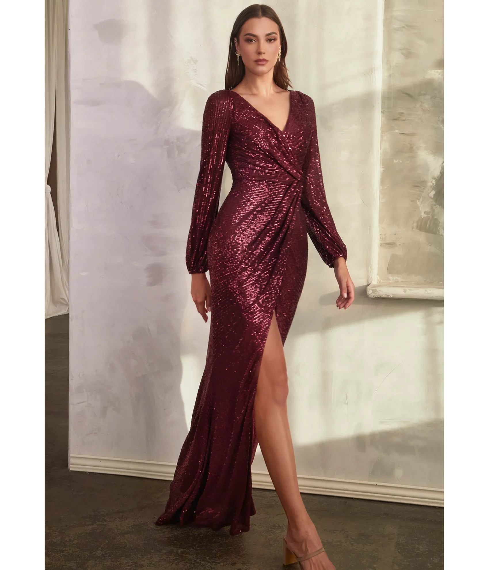 Unique Vintage Cinderella Divine Burgundy Sequin Long Sleeve Slit Evening Gown Discount