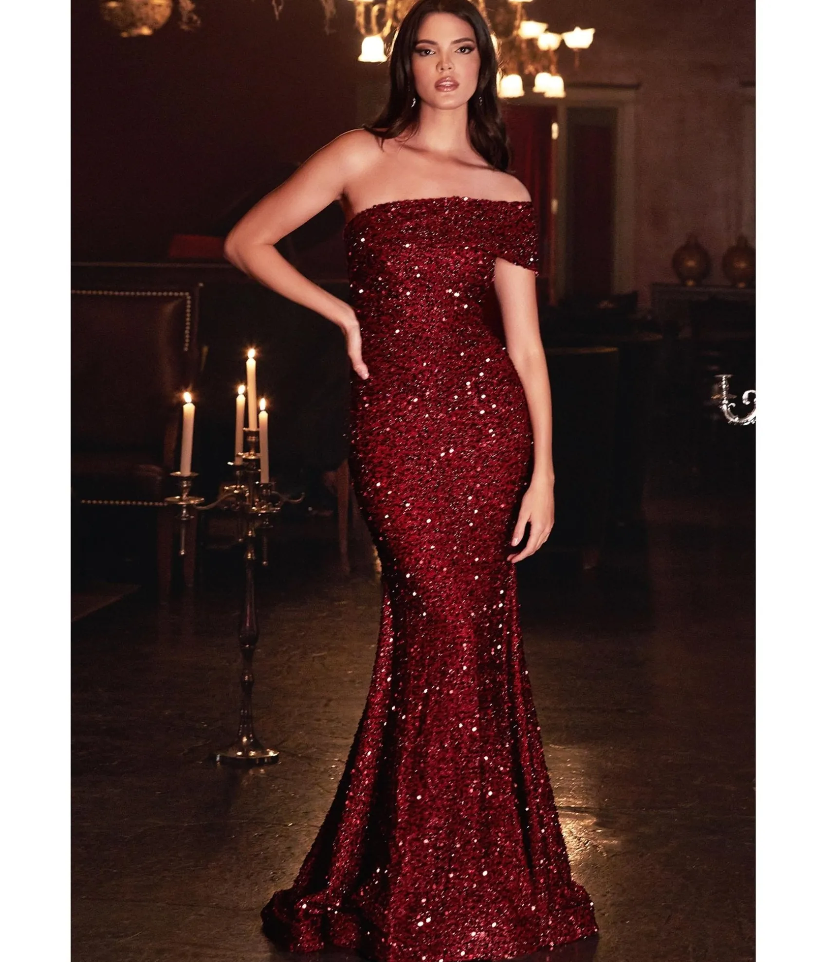 Unique Vintage Cinderella Divine Burgundy Sequin One Shoulder Mermaid Prom Gown Fashion