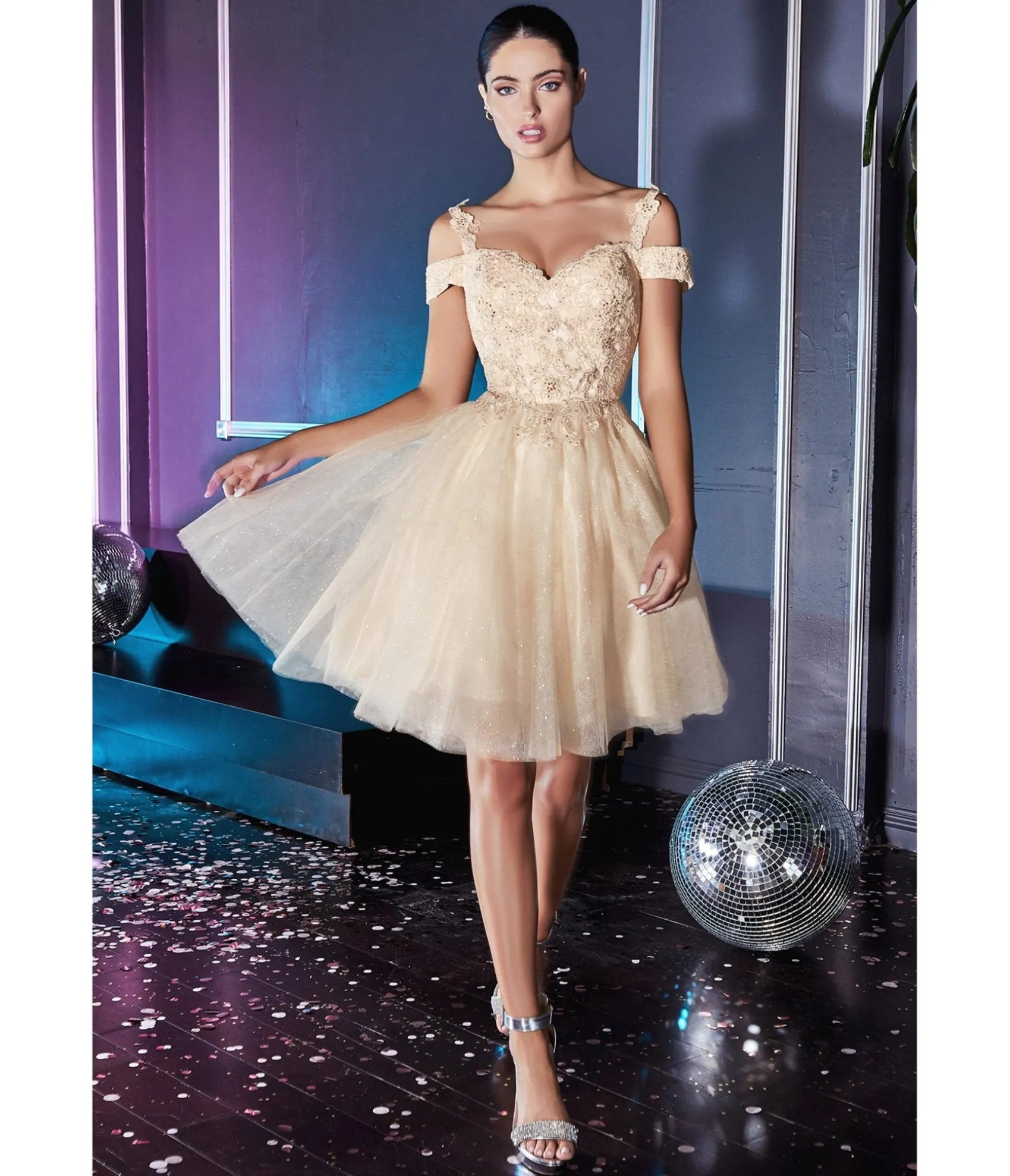 Unique Vintage Cinderella Divine Champagne Glitter Tulle Cold Shoulder Homecoming Dress Cheap