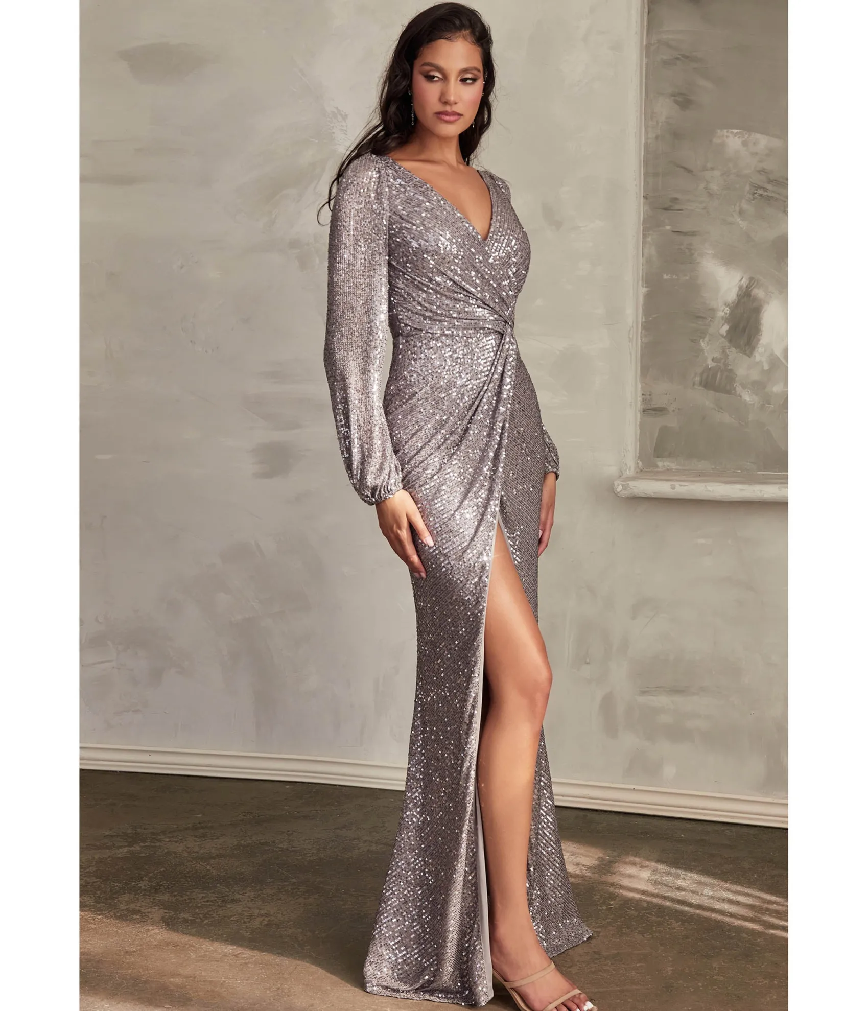 Unique Vintage Cinderella Divine Dark Silver Sequin Long Sleeve Slit Evening Gown Best Sale