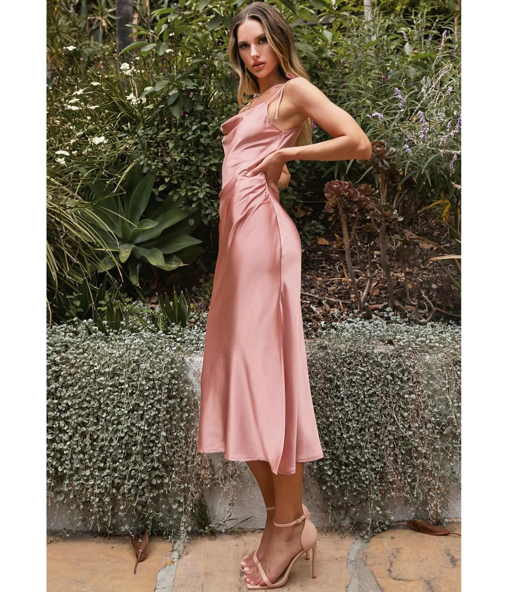 Unique Vintage Cinderella Divine Desert Rose Satin Slip Homecoming Midi Dress Hot