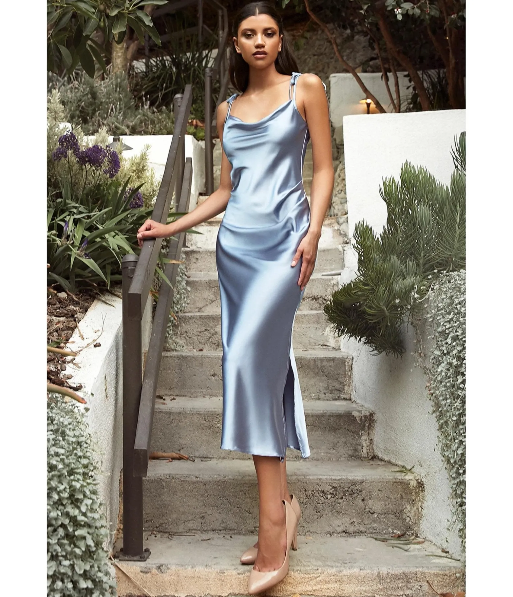 Unique Vintage Cinderella Divine Dusty Blue Satin Slip Homecoming Midi Dress Hot