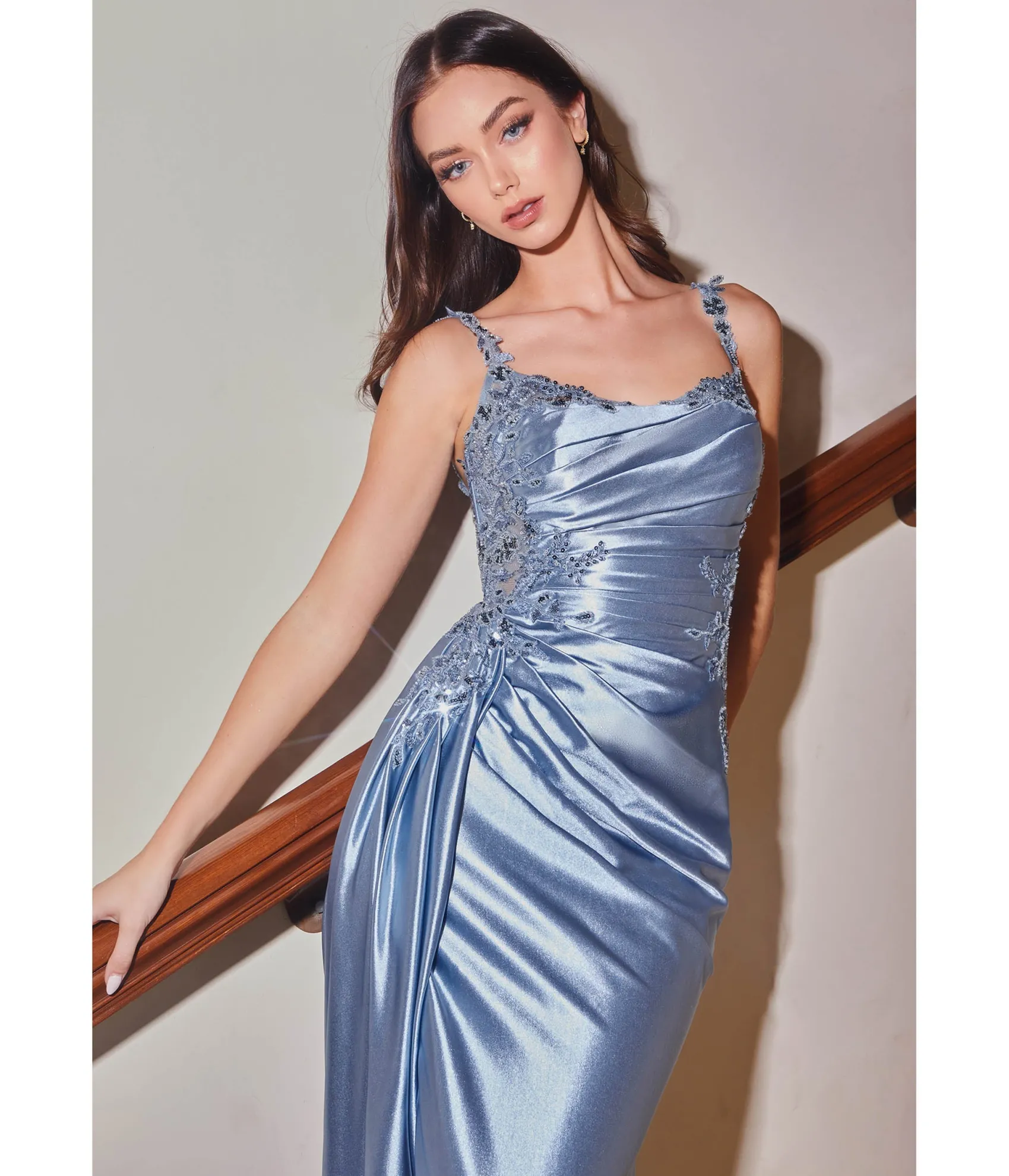 Unique Vintage Cinderella Divine Dusty Blue Sequin Applique & Ruched Satin Evening Gown Clearance