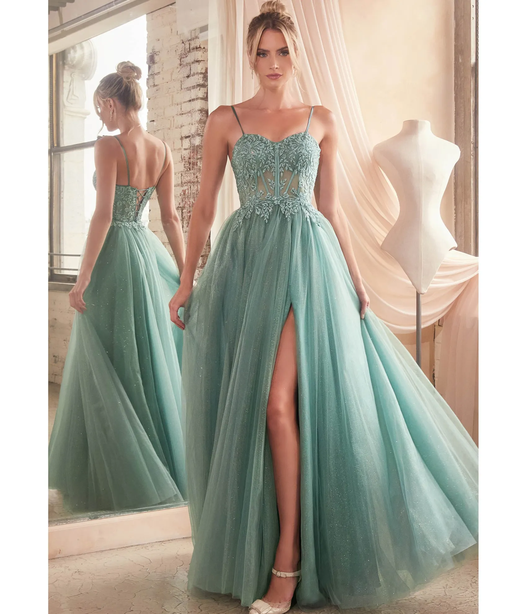 Unique Vintage Cinderella Divine Dusty Teal Foliage Applique Corset Tulle Gown Outlet
