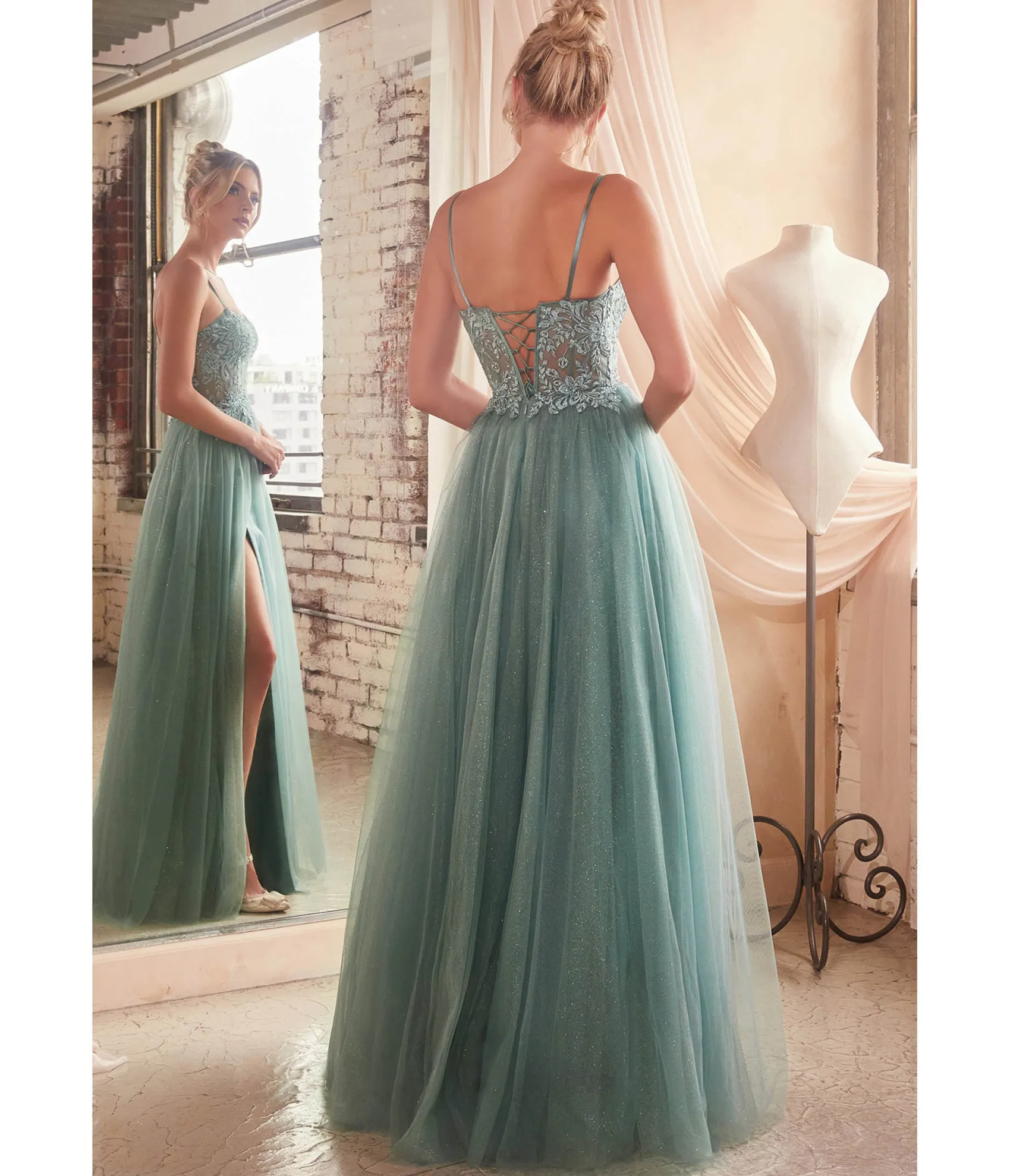 Unique Vintage Cinderella Divine Dusty Teal Foliage Applique Corset Tulle Gown Outlet