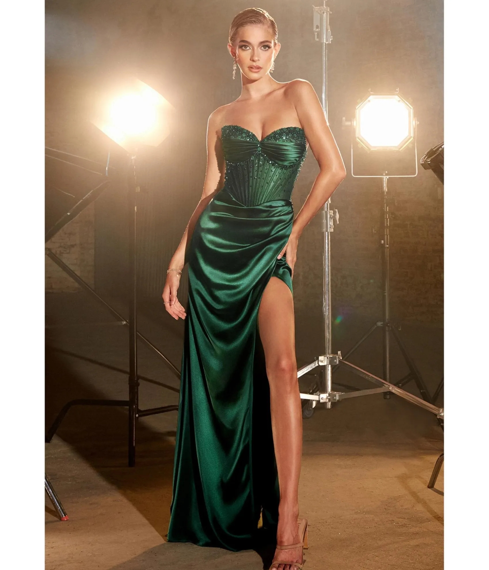Unique Vintage Cinderella Divine Emerald Beaded Satin Corset Prom Dress Outlet