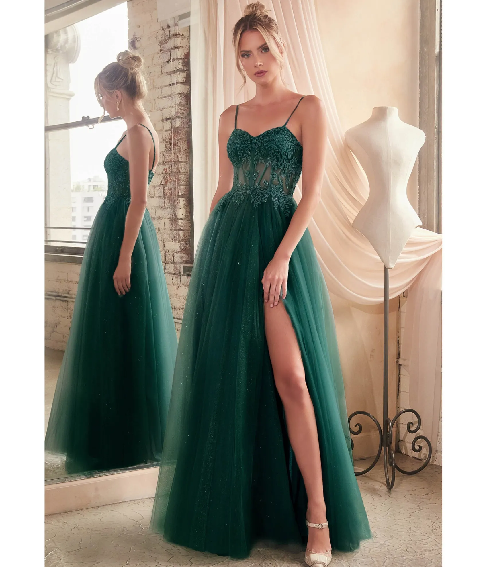 Unique Vintage Cinderella Divine Emerald Foliage Applique Corset Tulle Gown Cheap