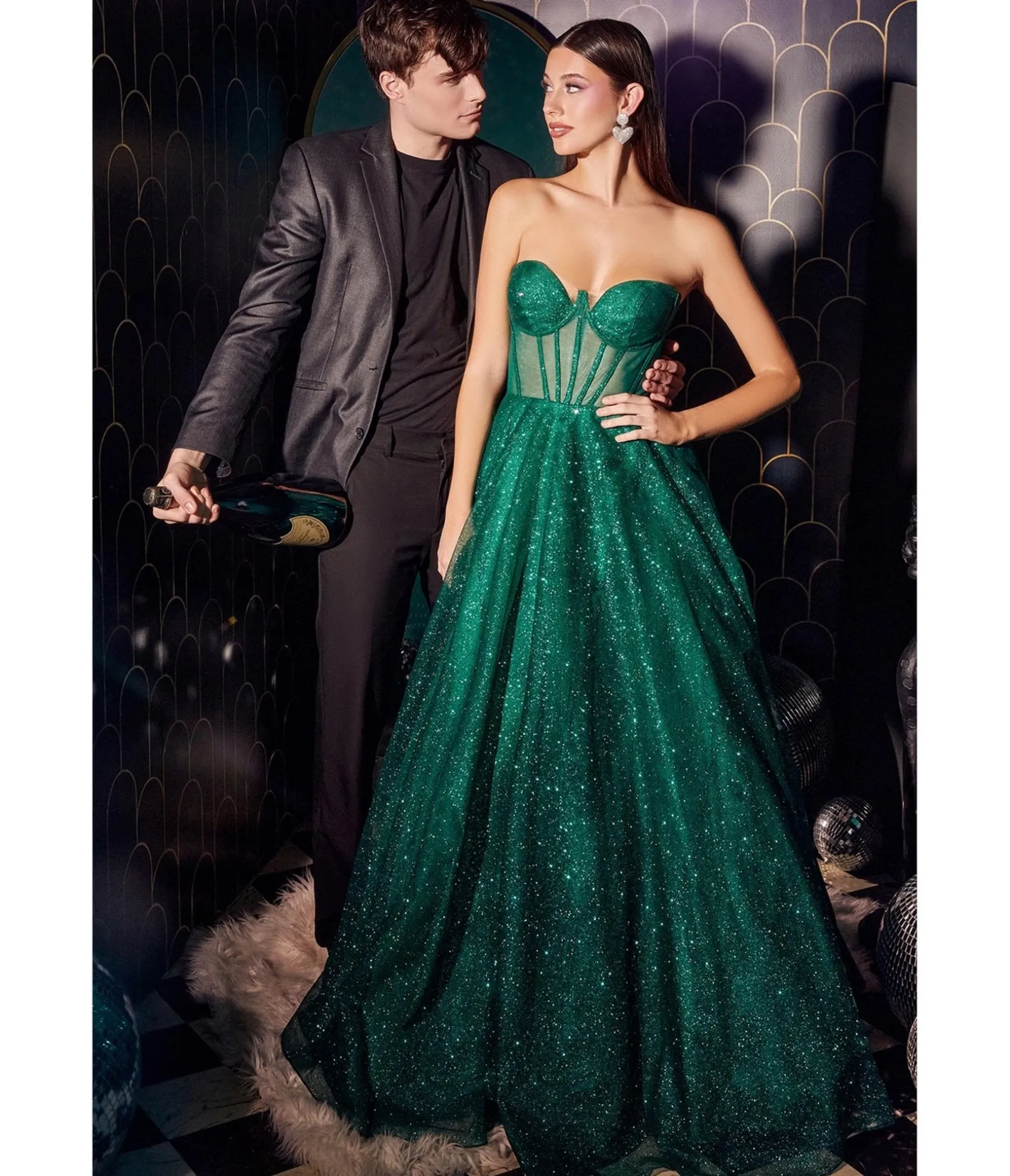 Unique Vintage Cinderella Divine Emerald Glitter Strapless Corset Prom Gown Best Sale