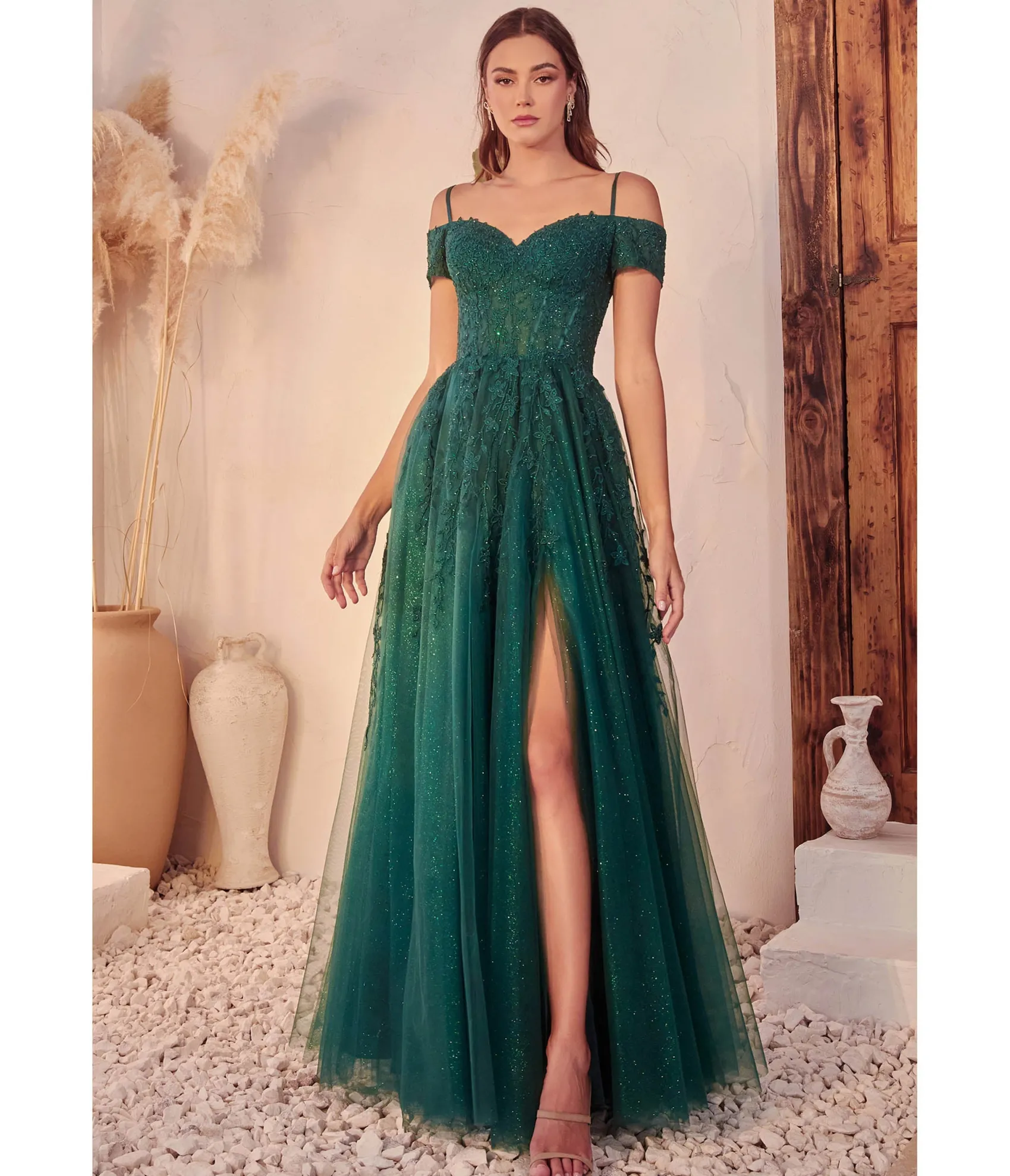 Unique Vintage Cinderella Divine Emerald Glitter Tulle Off The Shoulder Applique Slit Gown Outlet