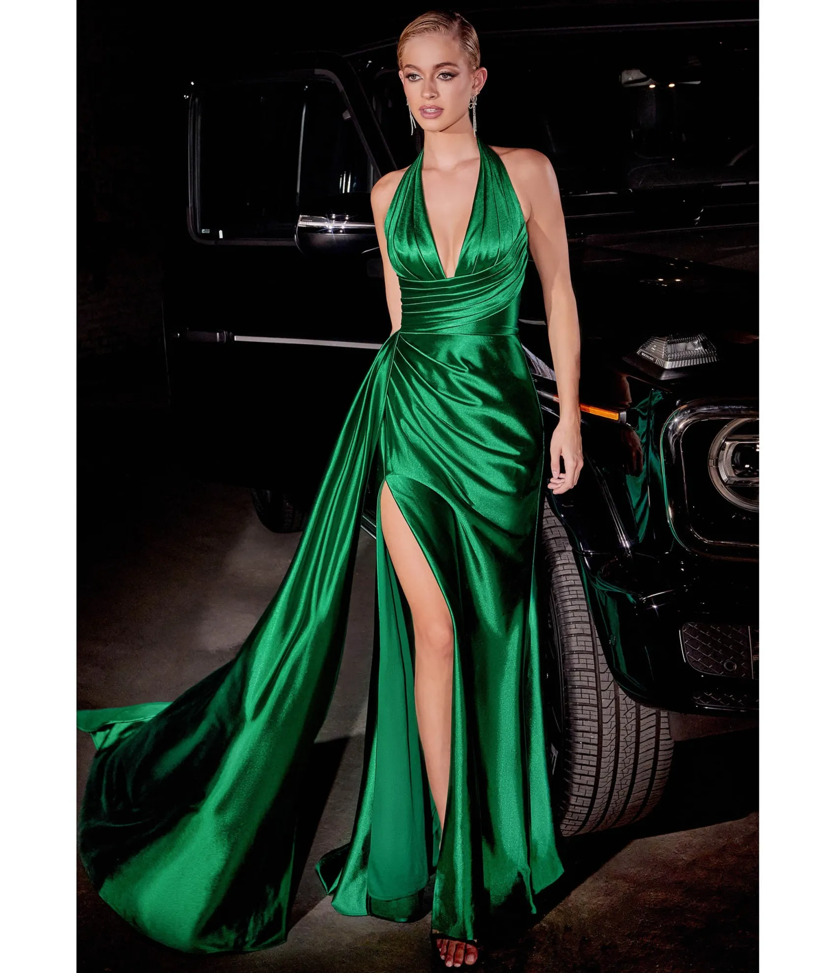 Unique Vintage Cinderella Divine Emerald Pleated Satin Halter Fitted Slit Dress Clearance